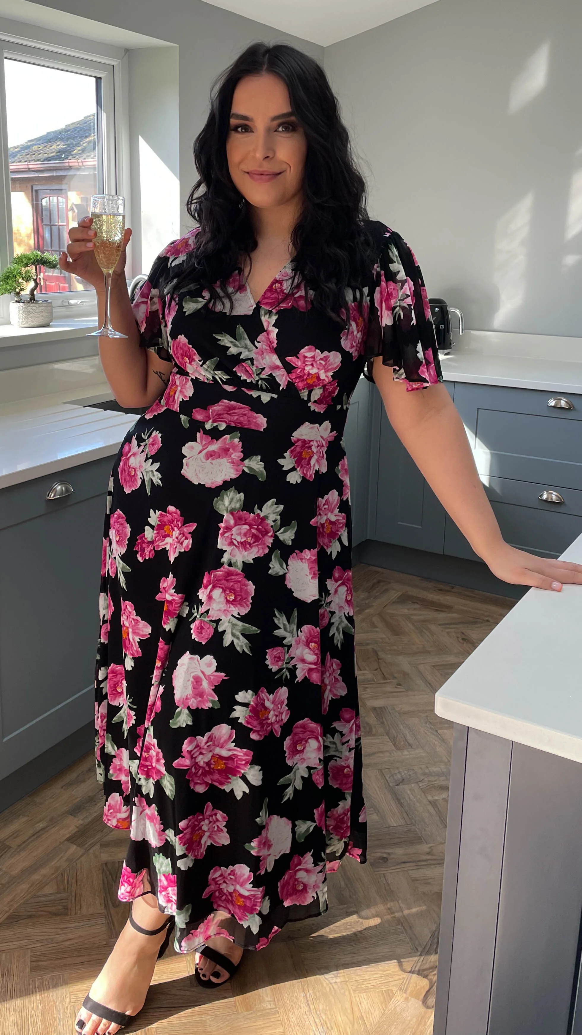 CurveWow Mesh Angel Sleeve Dress Pink Floral - Image 3