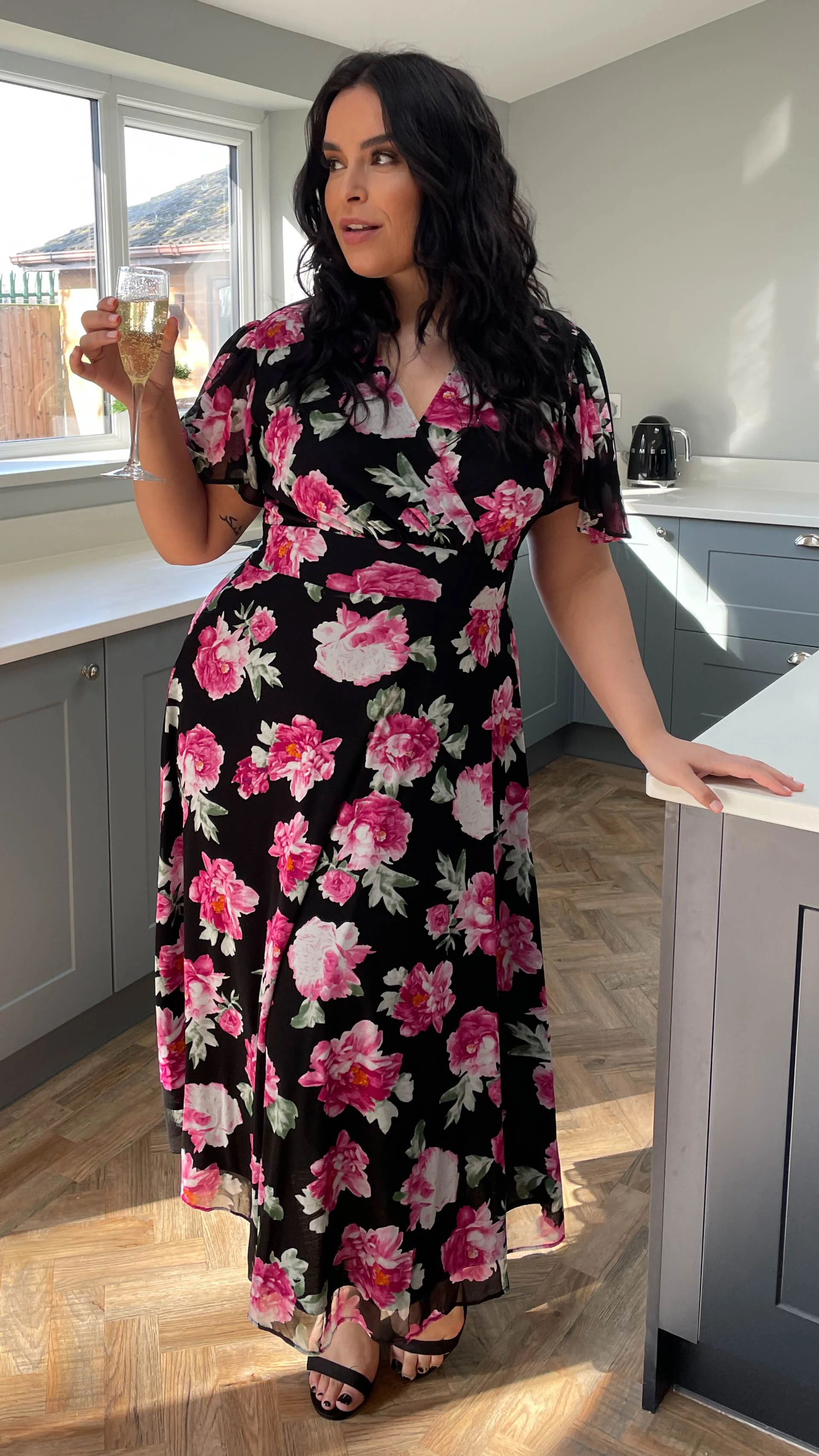 CurveWow Mesh Angel Sleeve Dress Pink Floral - Image 4