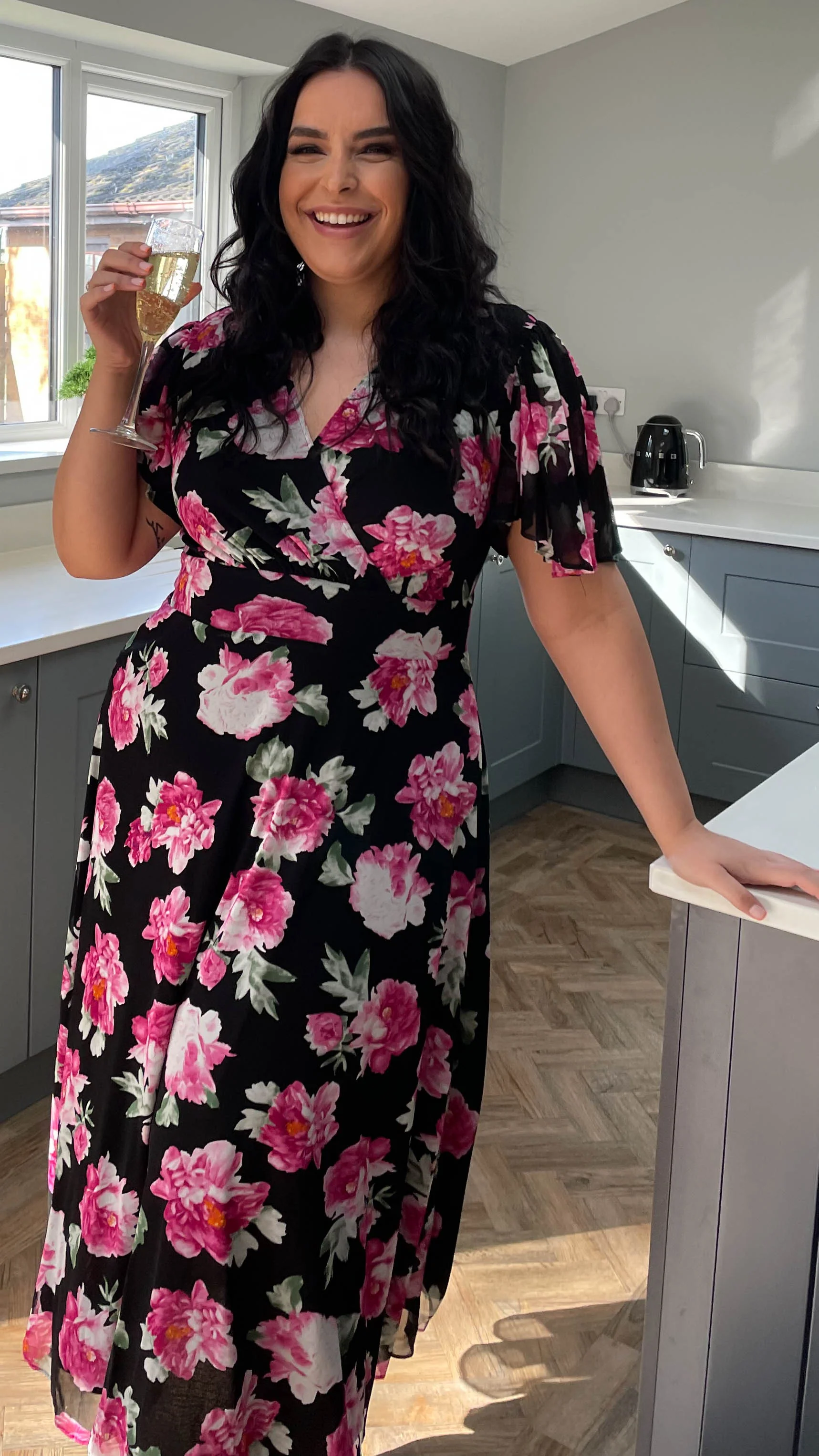 CurveWow Mesh Angel Sleeve Dress Pink Floral - Image 5