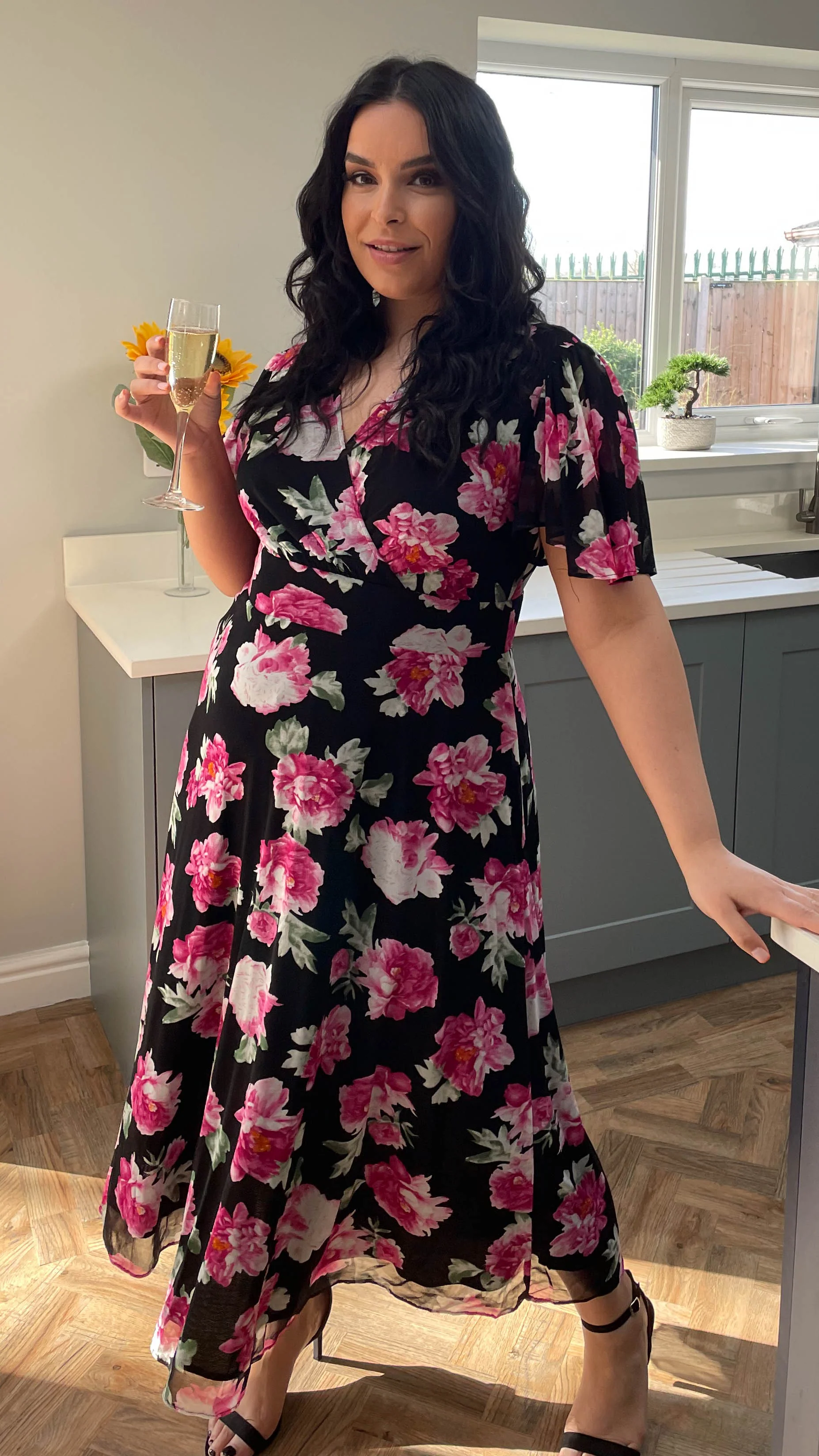 CurveWow Mesh Angel Sleeve Dress Pink Floral - Image 6