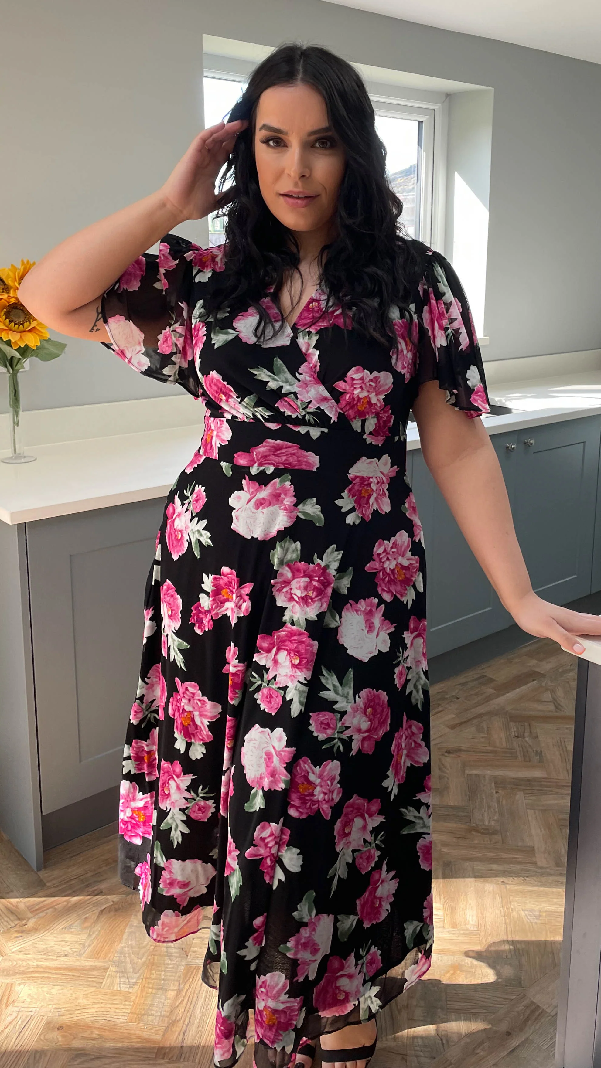 CurveWow Mesh Angel Sleeve Dress Pink Floral - Image 7