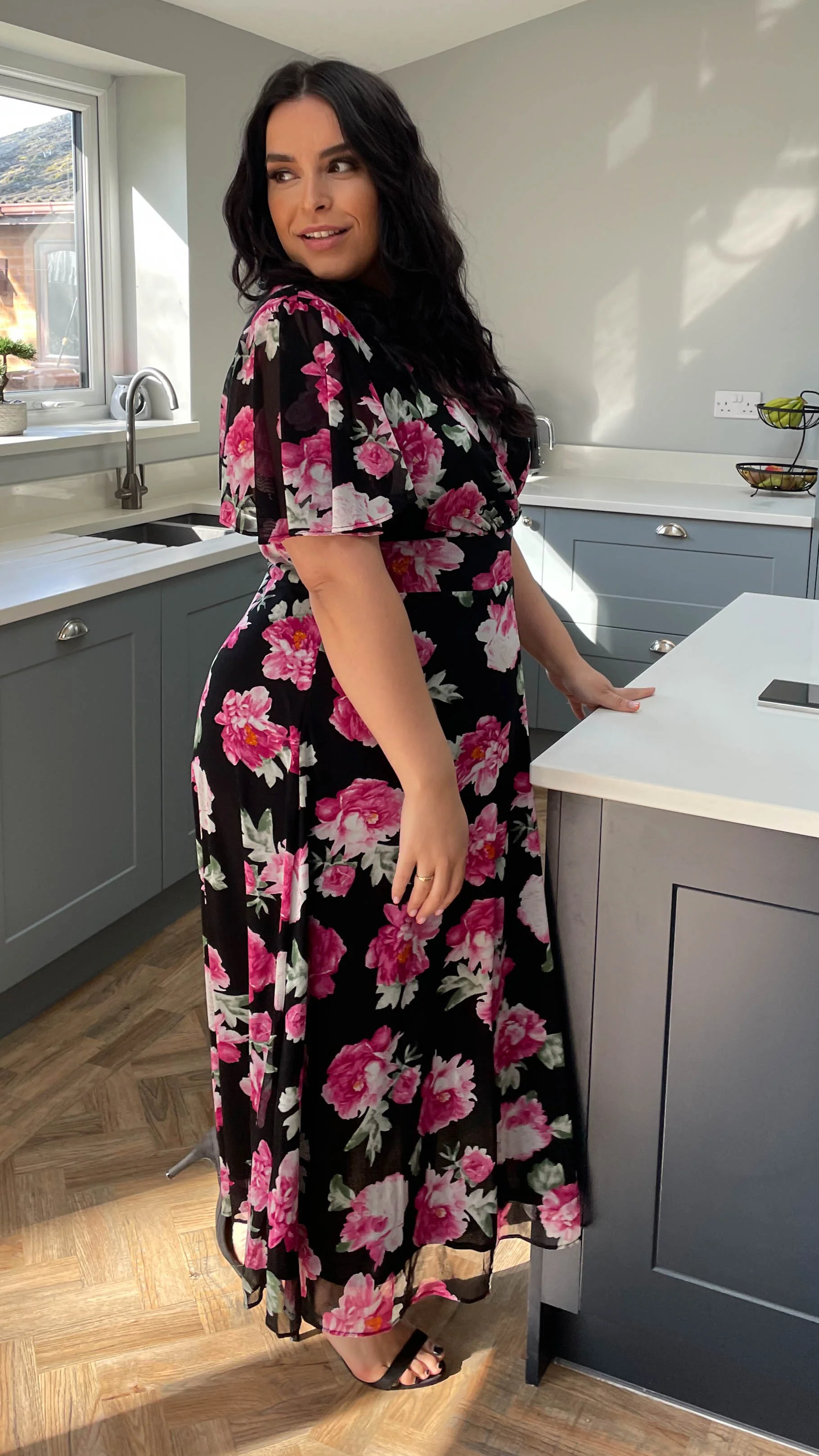CurveWow Mesh Angel Sleeve Dress Pink Floral - Image 9