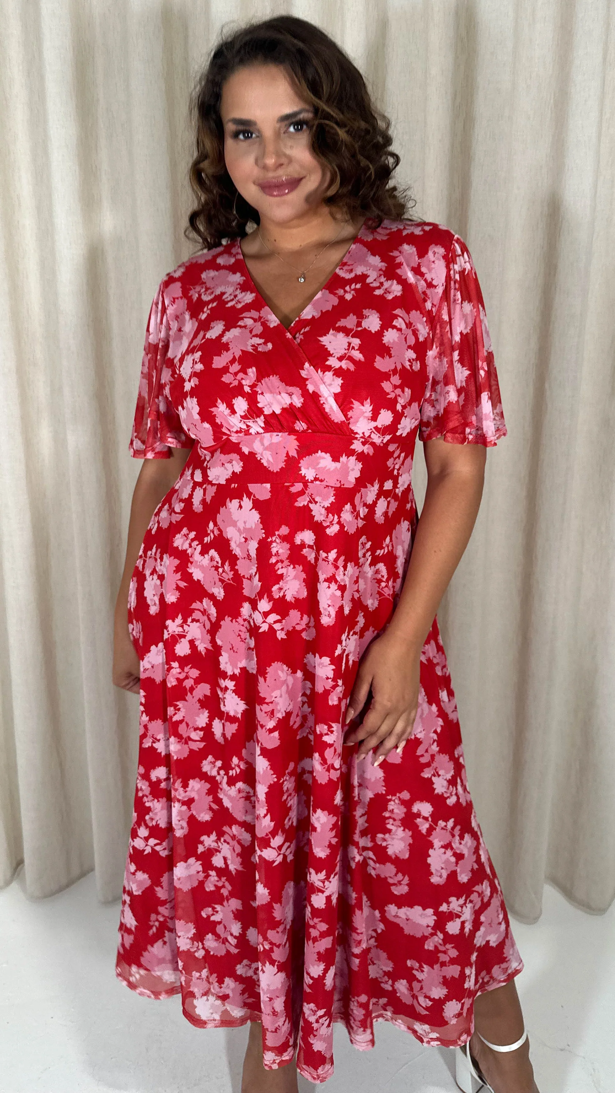 CurveWow Mesh Angel Sleeve Dress Red/Pink