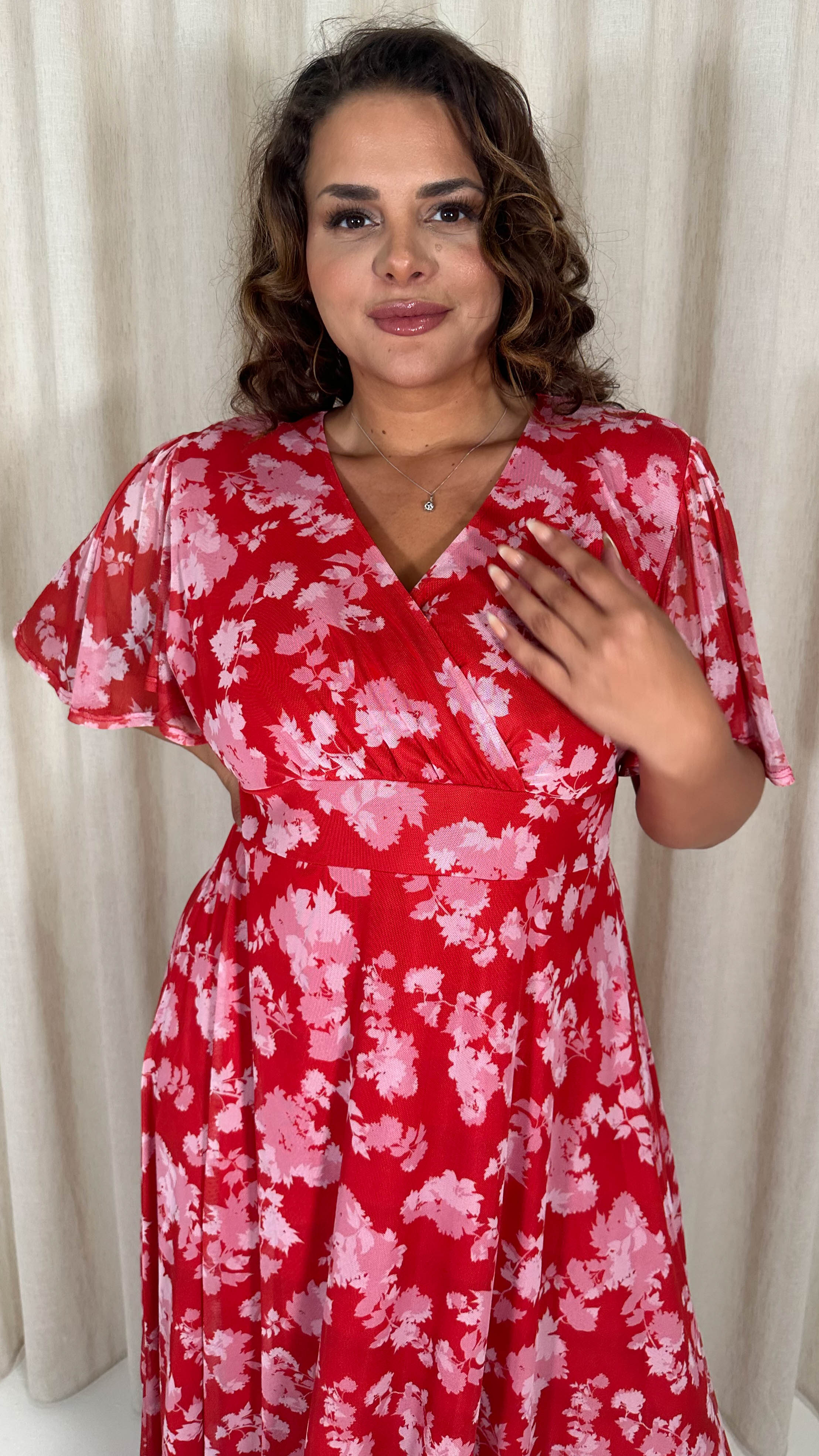 CurveWow Mesh Angel Sleeve Dress Red/Pink - Image 2