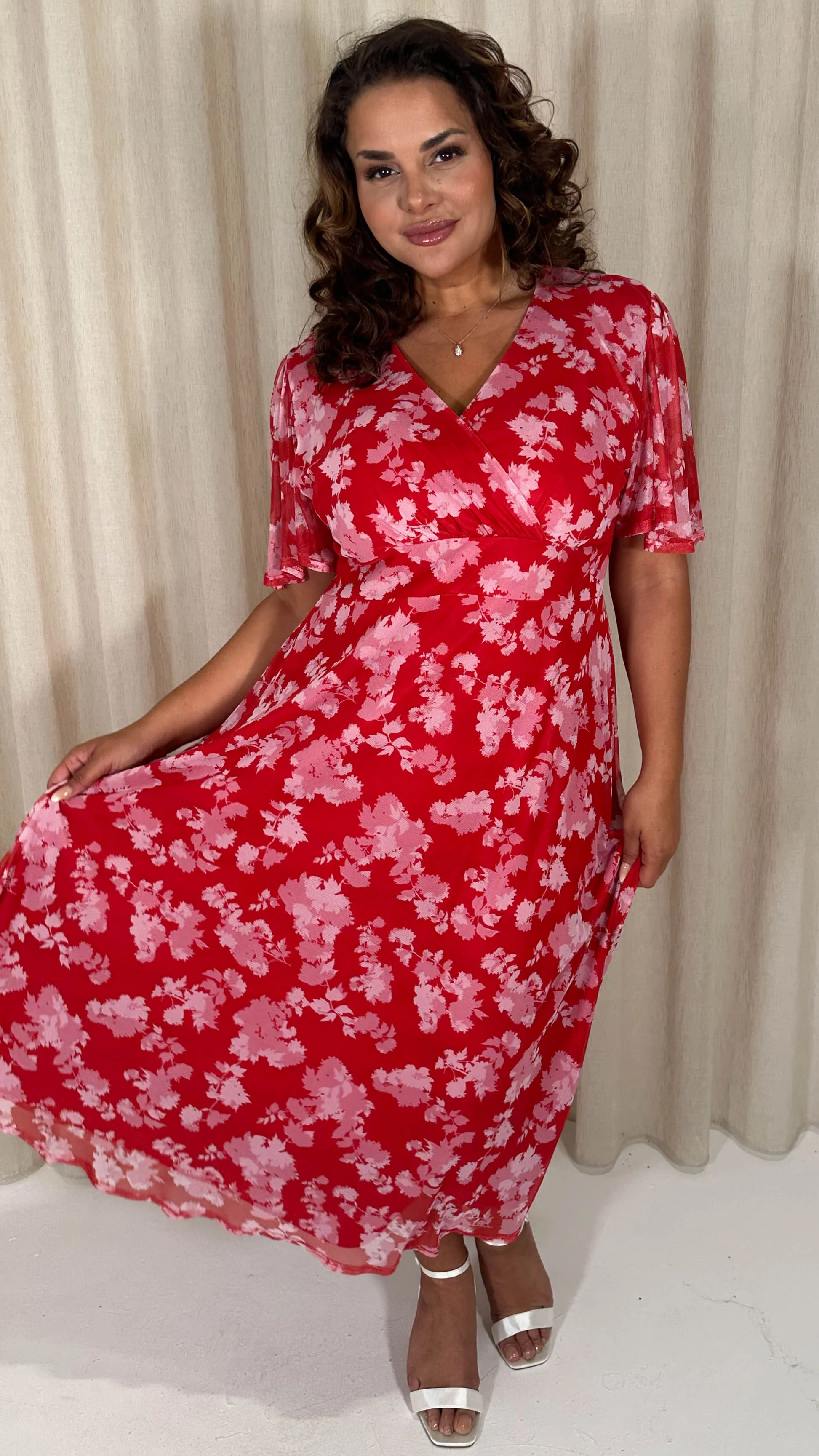 CurveWow Mesh Angel Sleeve Dress Red/Pink - Image 3