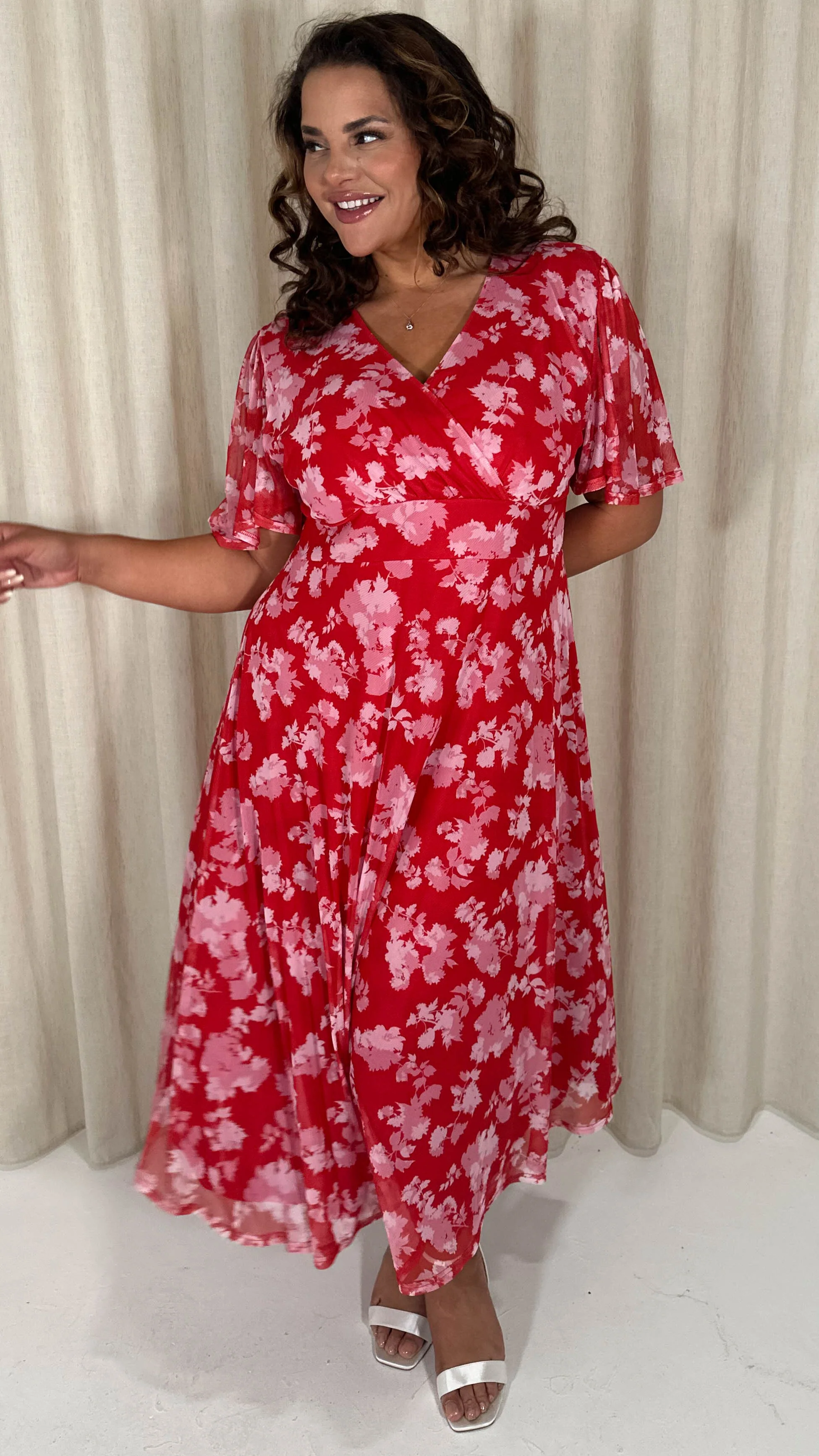 CurveWow Mesh Angel Sleeve Dress Red/Pink - Image 4