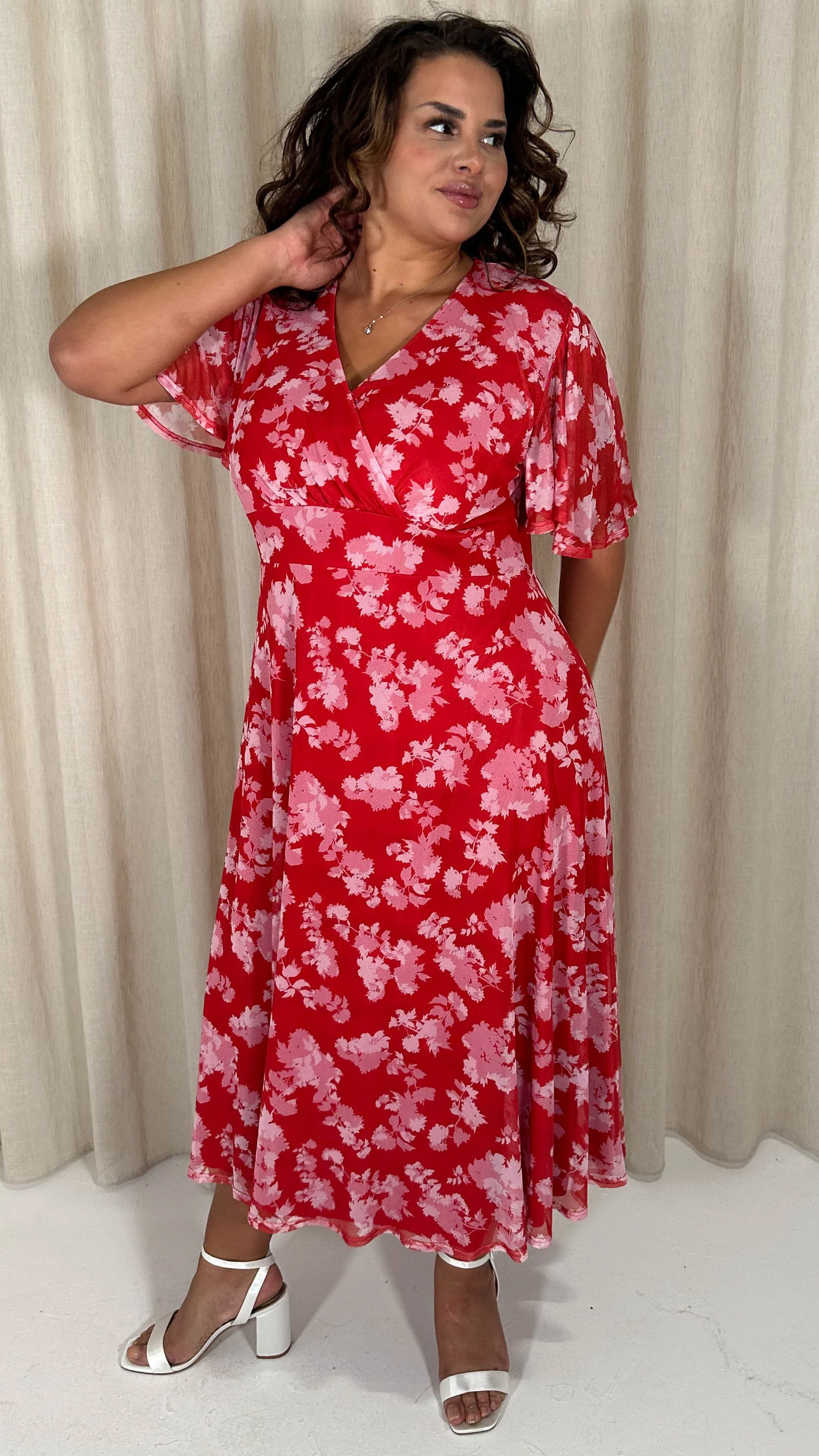 CurveWow Mesh Angel Sleeve Dress Red/Pink - Image 5