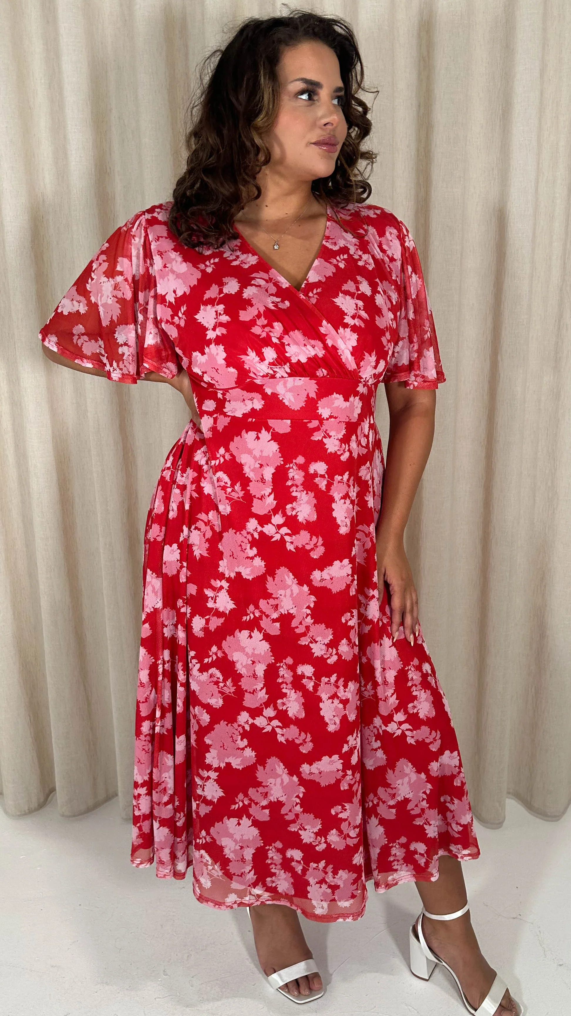 CurveWow Mesh Angel Sleeve Dress Red/Pink - Image 6