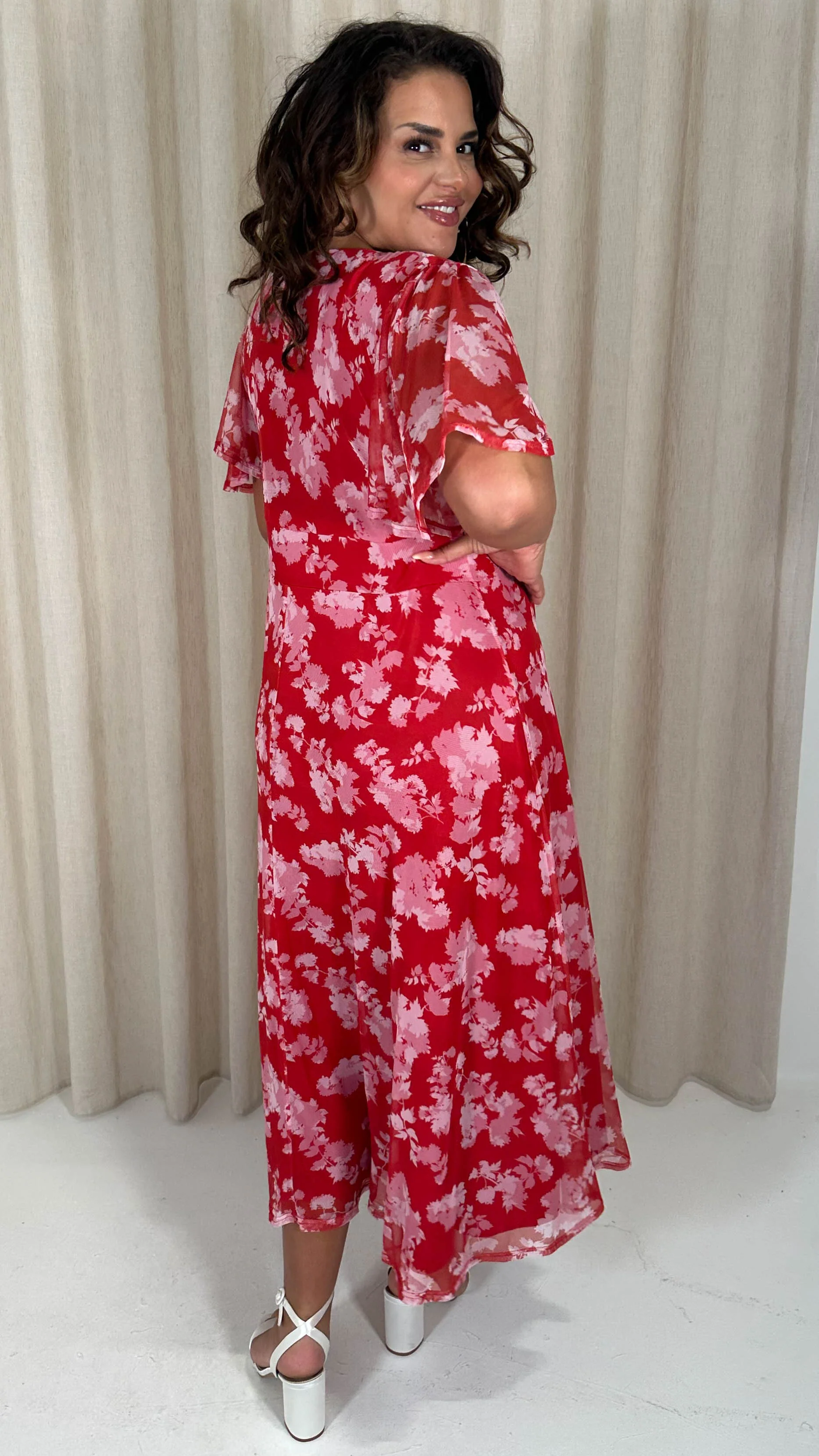 CurveWow Mesh Angel Sleeve Dress Red/Pink - Image 8