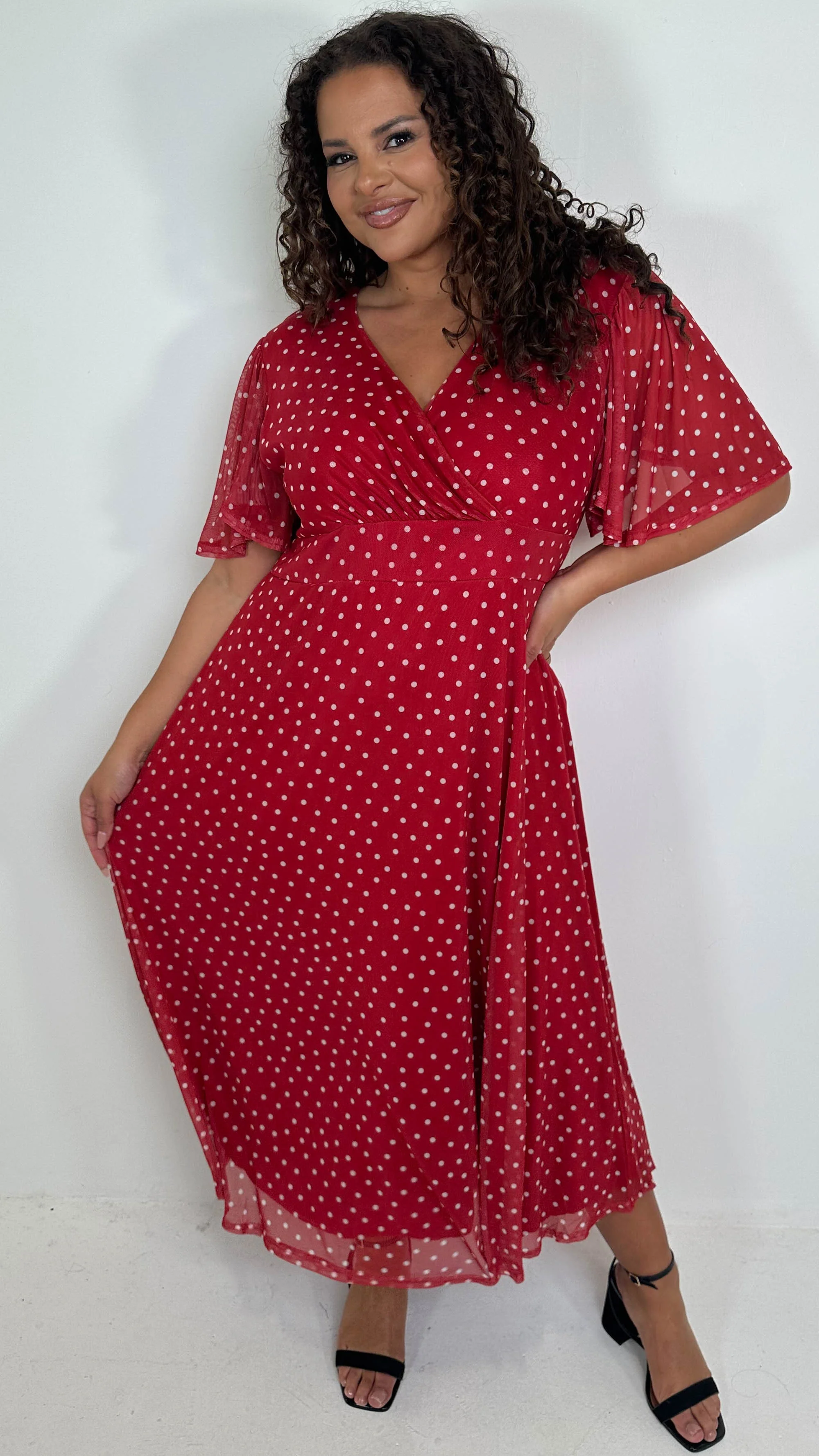 CurveWow Mesh Angel Sleeve Dress Red Spot - Image 5