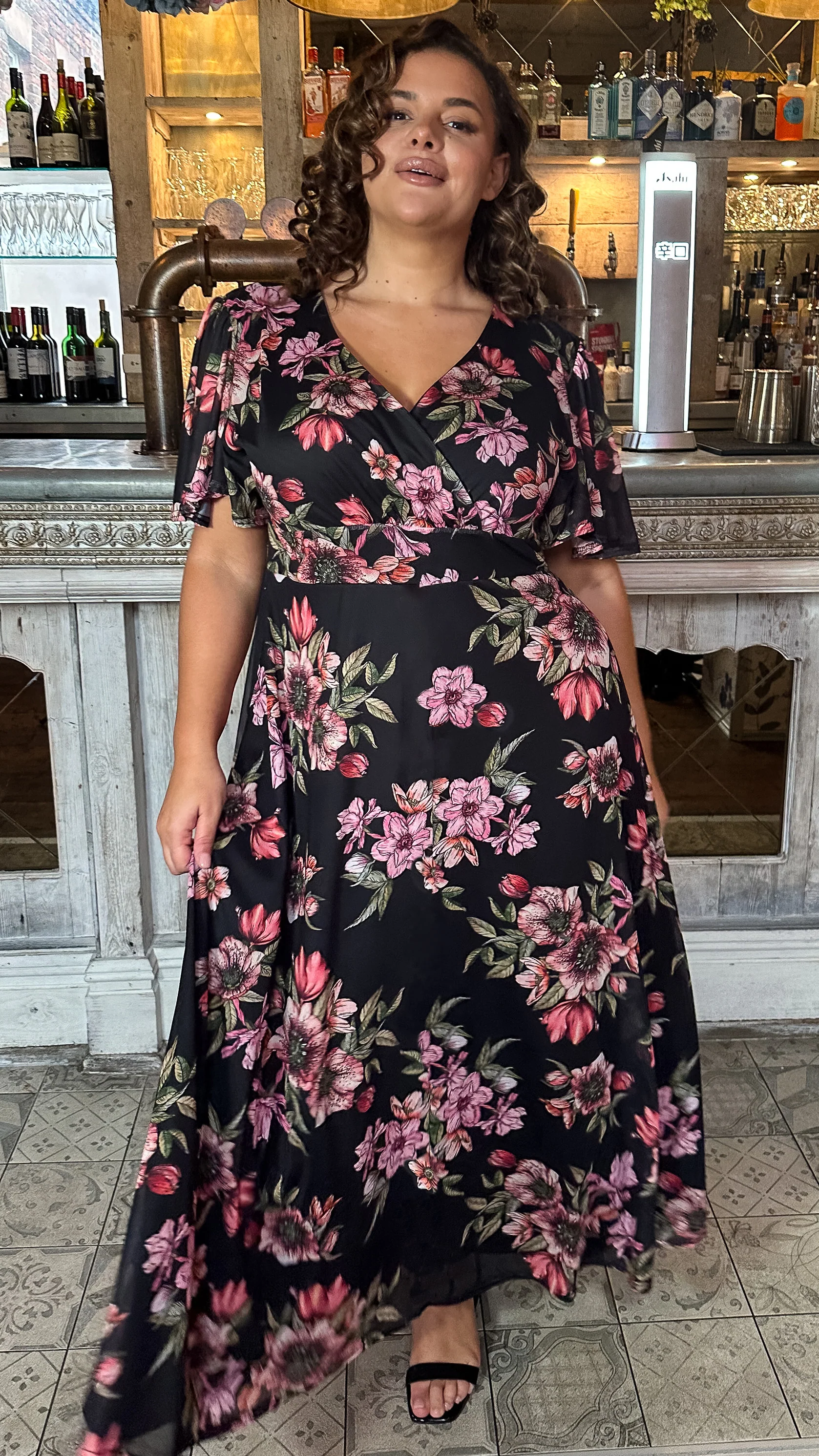 CurveWow Mesh Angel Sleeve Maxi Dress Black Floral - Image 4
