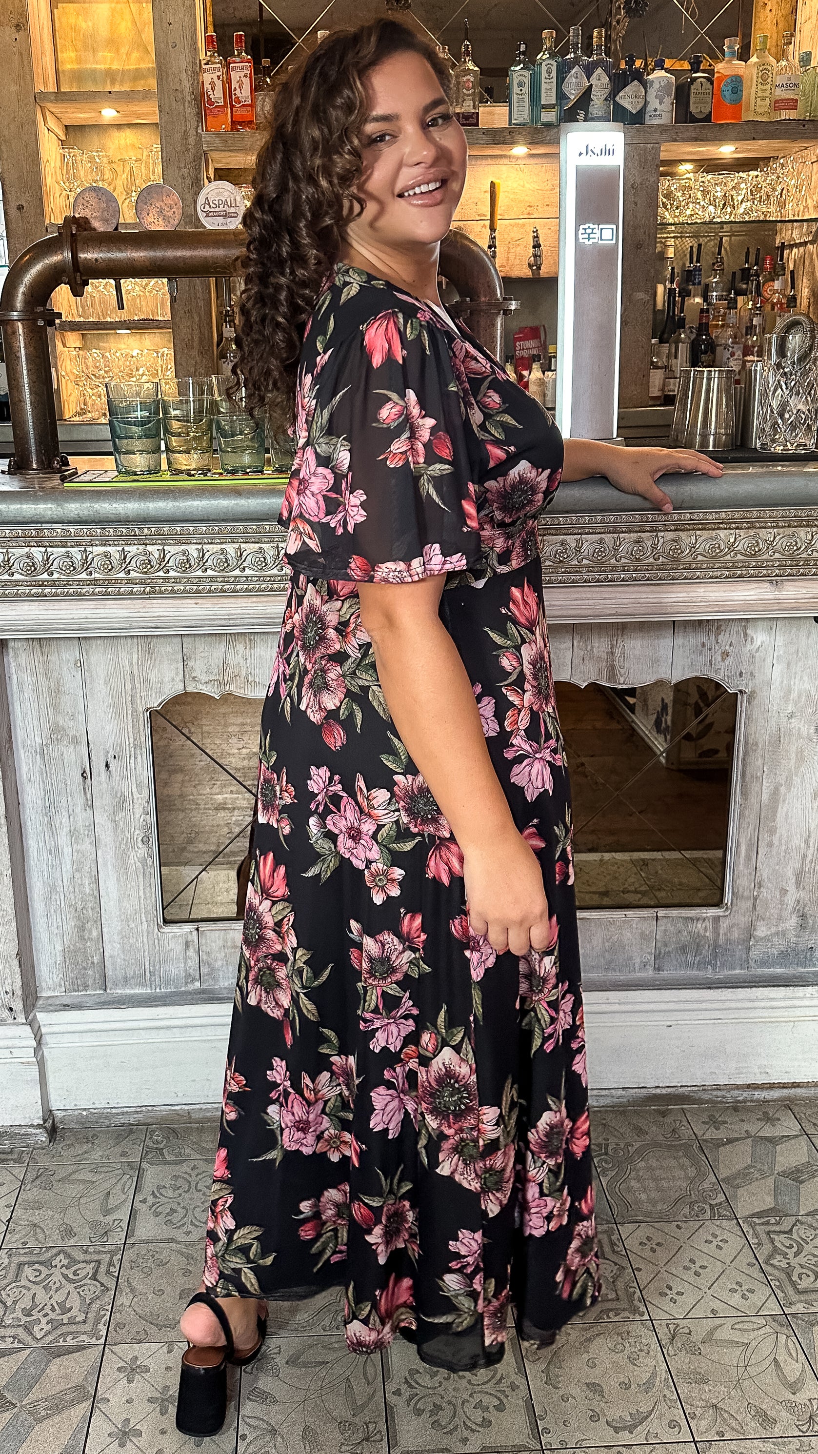 CurveWow Mesh Angel Sleeve Maxi Dress Black Floral - Image 6