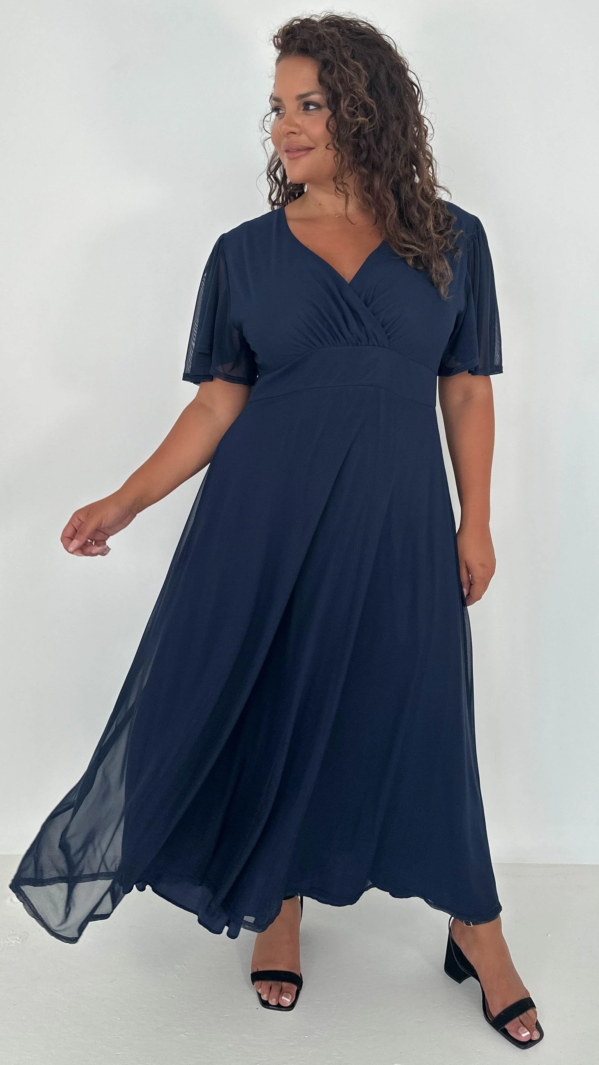 CurveWow Mesh Angel Sleeve Midaxi Dress Navy - Image 3