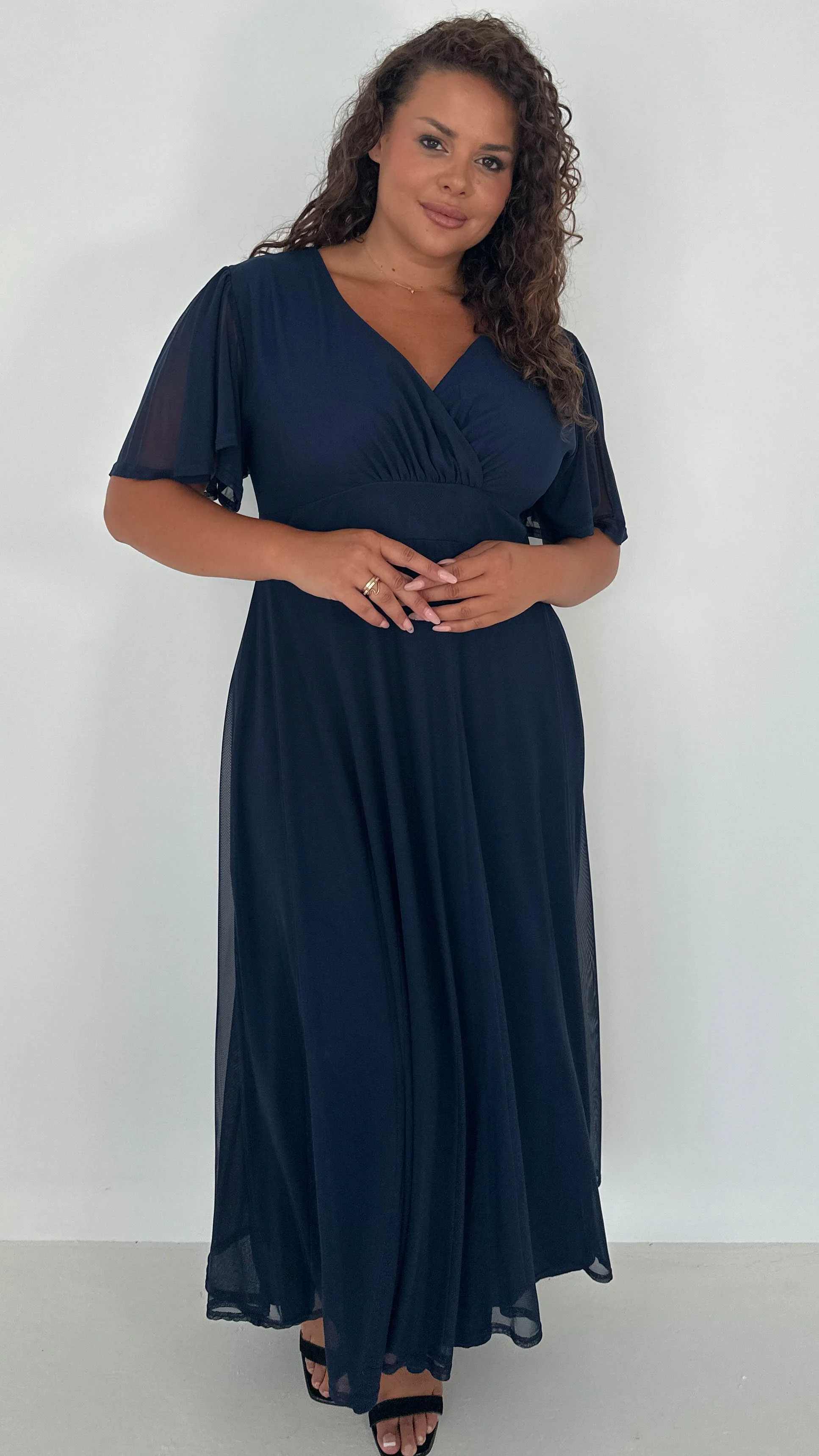 CurveWow Mesh Angel Sleeve Midaxi Dress Navy - Image 4