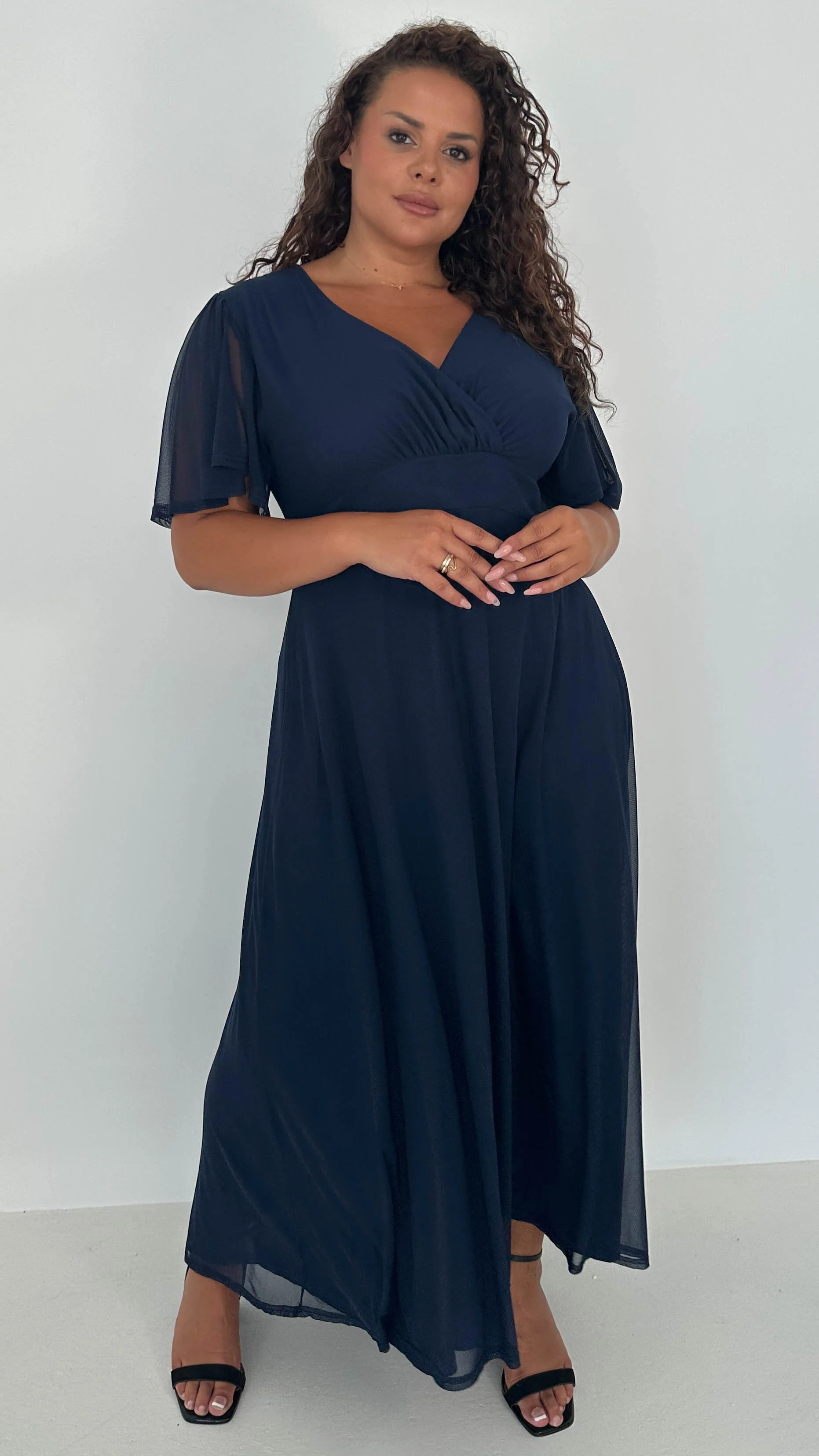 CurveWow Mesh Angel Sleeve Midaxi Dress Navy - Image 6