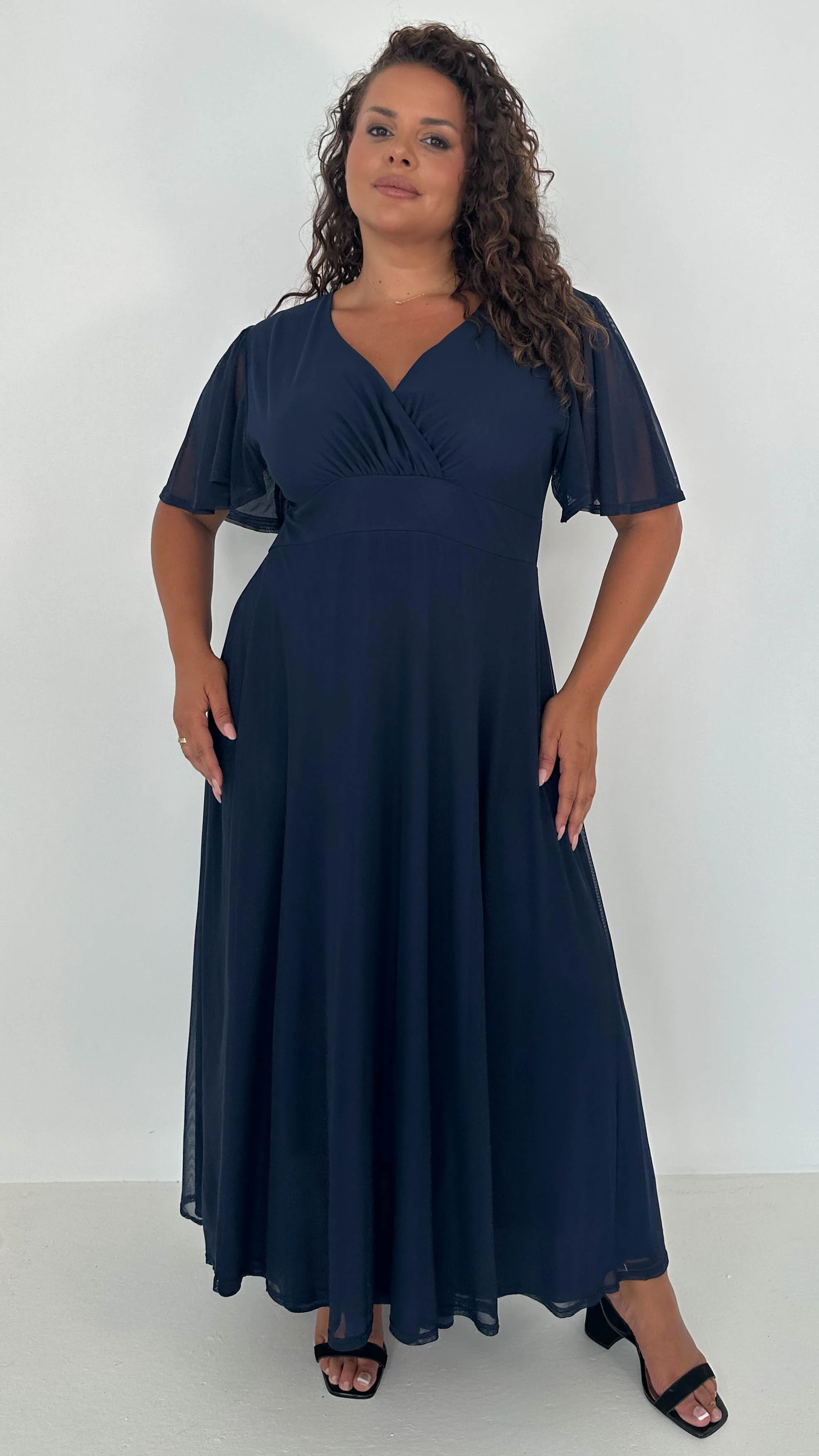 CurveWow Mesh Angel Sleeve Midaxi Dress Navy - Image 7