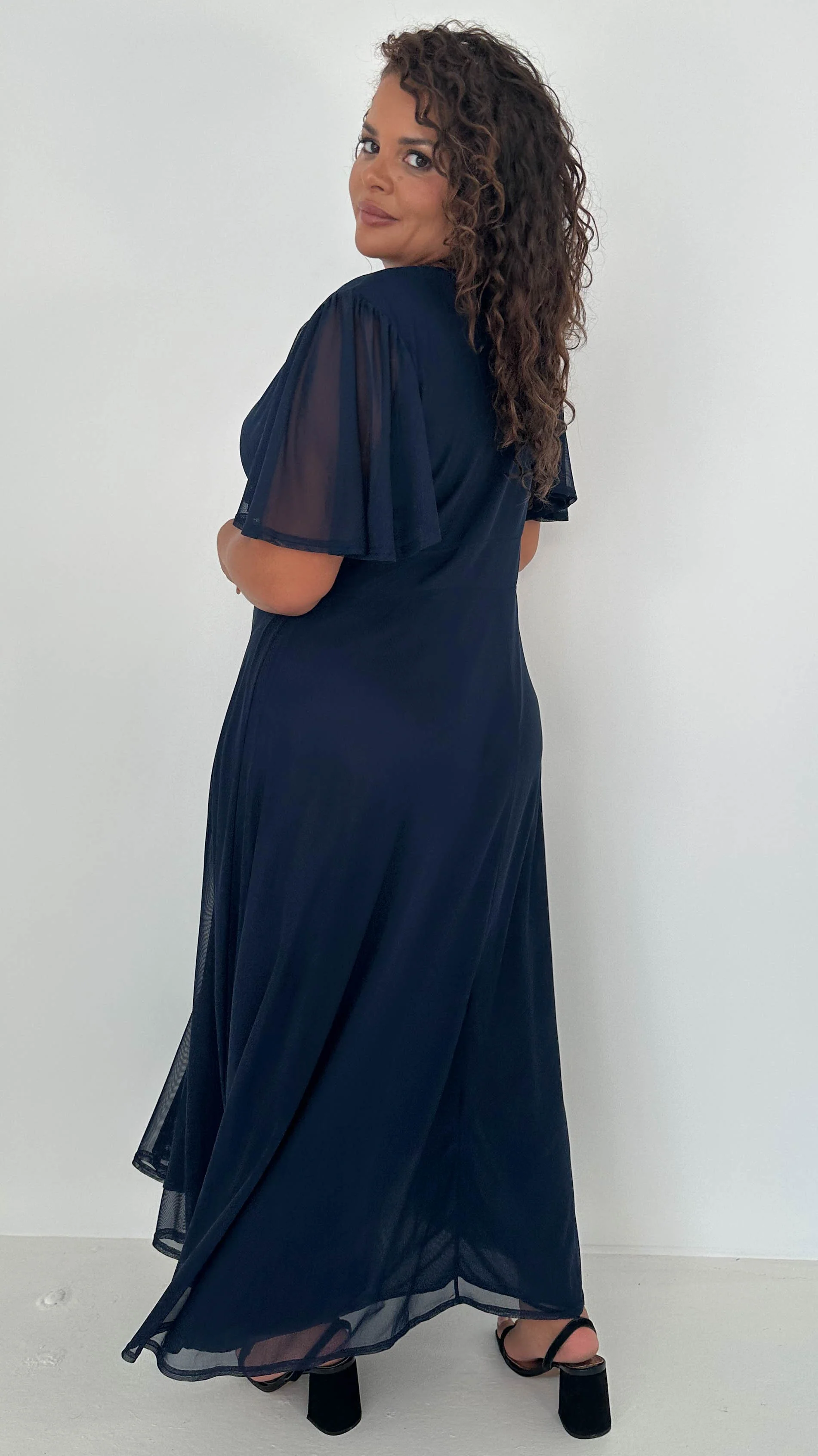 CurveWow Mesh Angel Sleeve Midaxi Dress Navy - Image 9