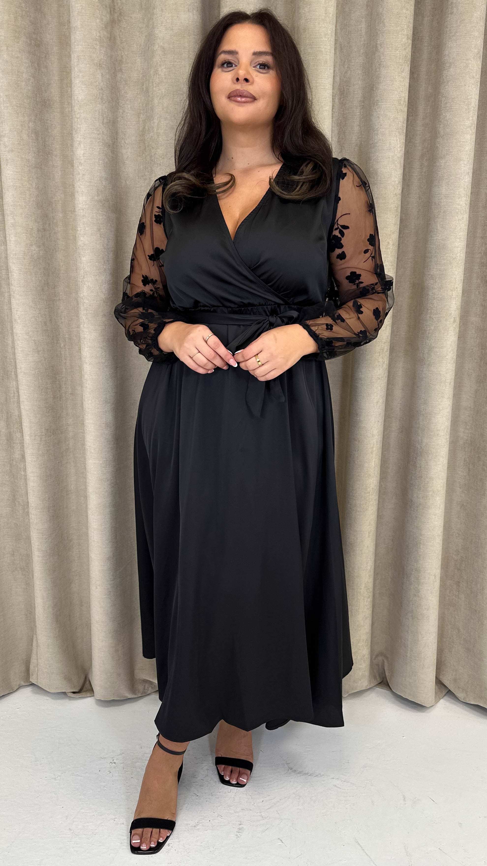 CurveWow Mesh Detail Wrap Midaxi Dress Black - Image 6