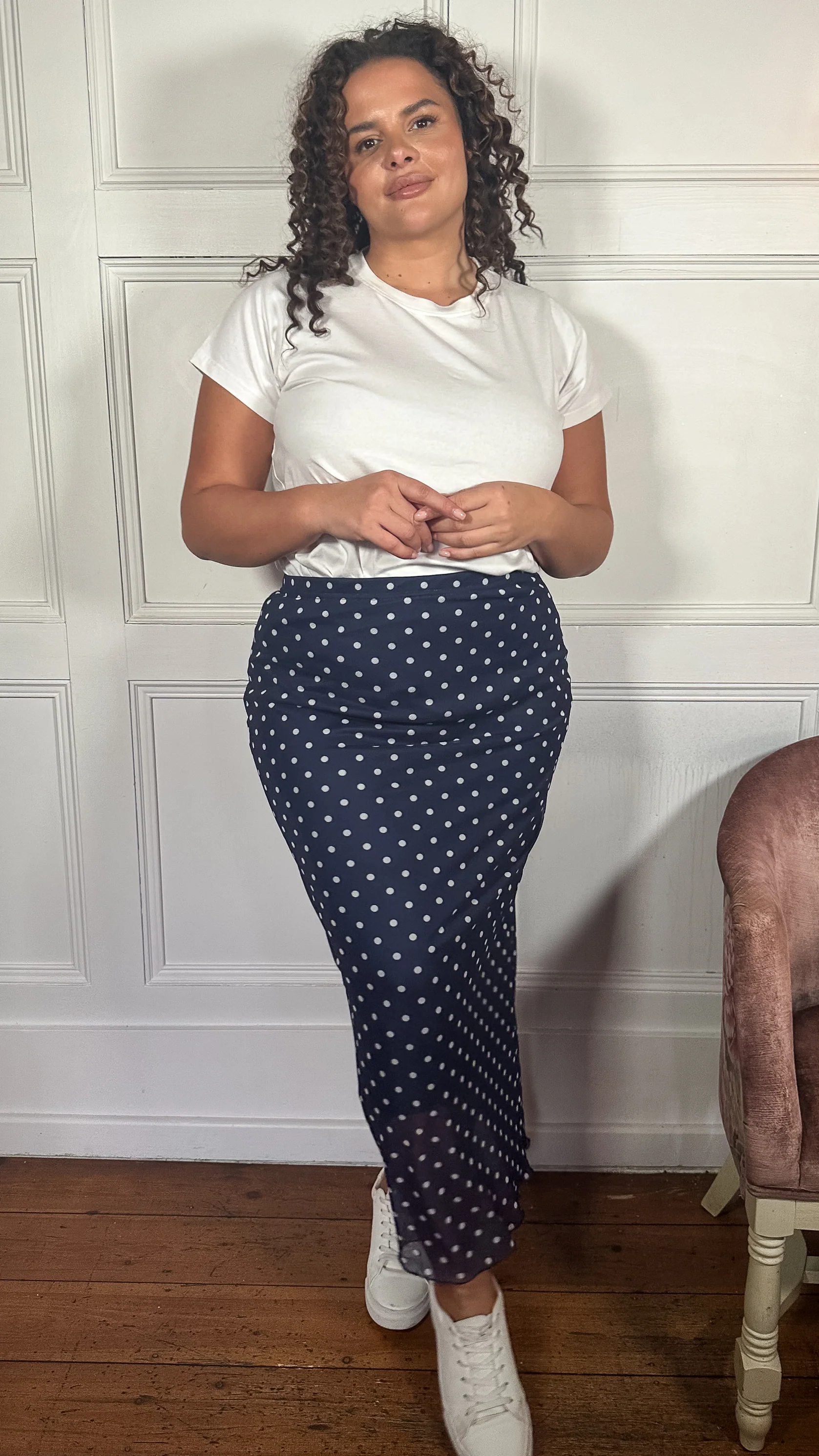 CurveWow Mesh Pencil Skirt Navy Polka - Image 3