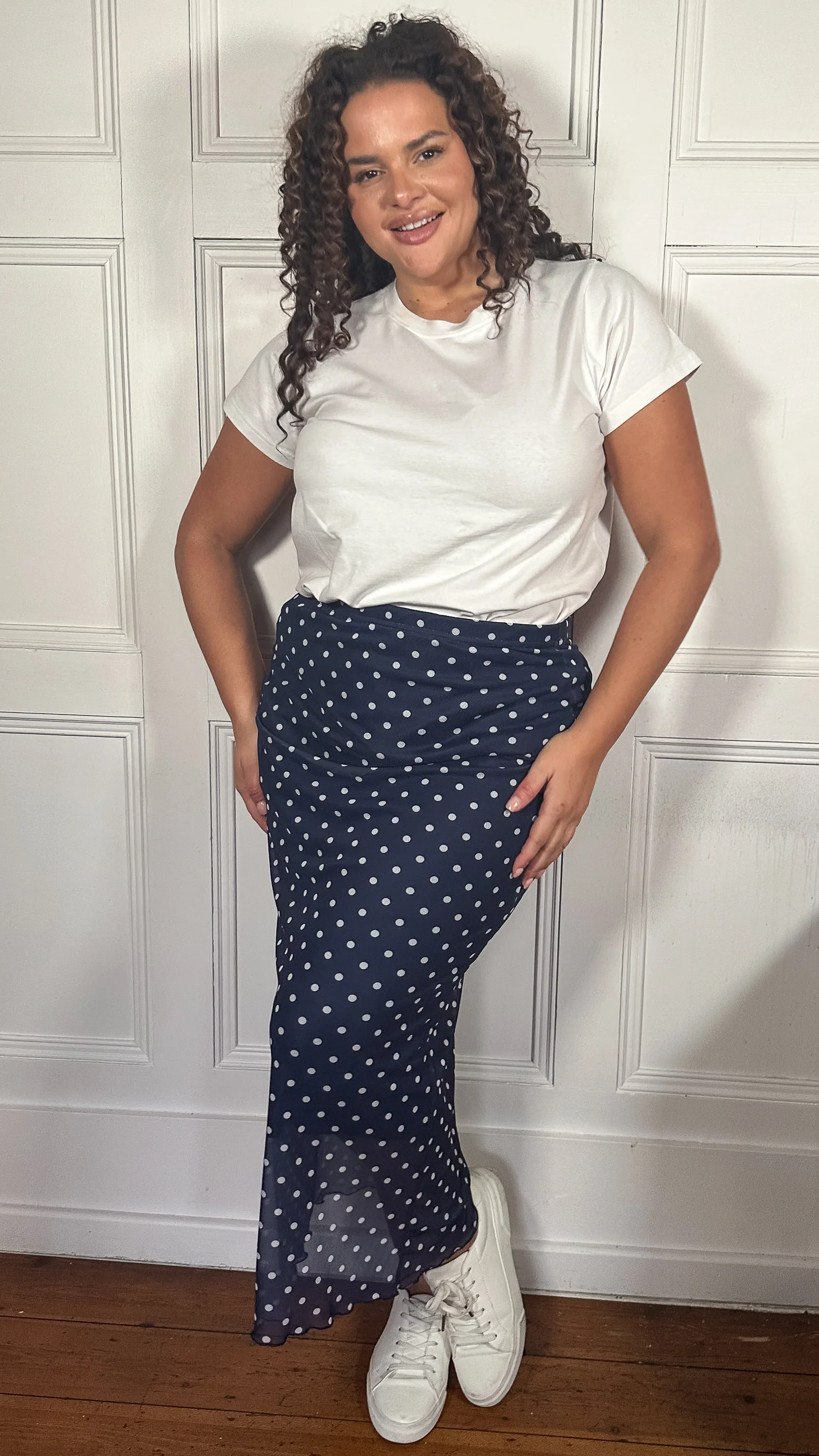 CurveWow Mesh Pencil Skirt Navy Polka - Image 4