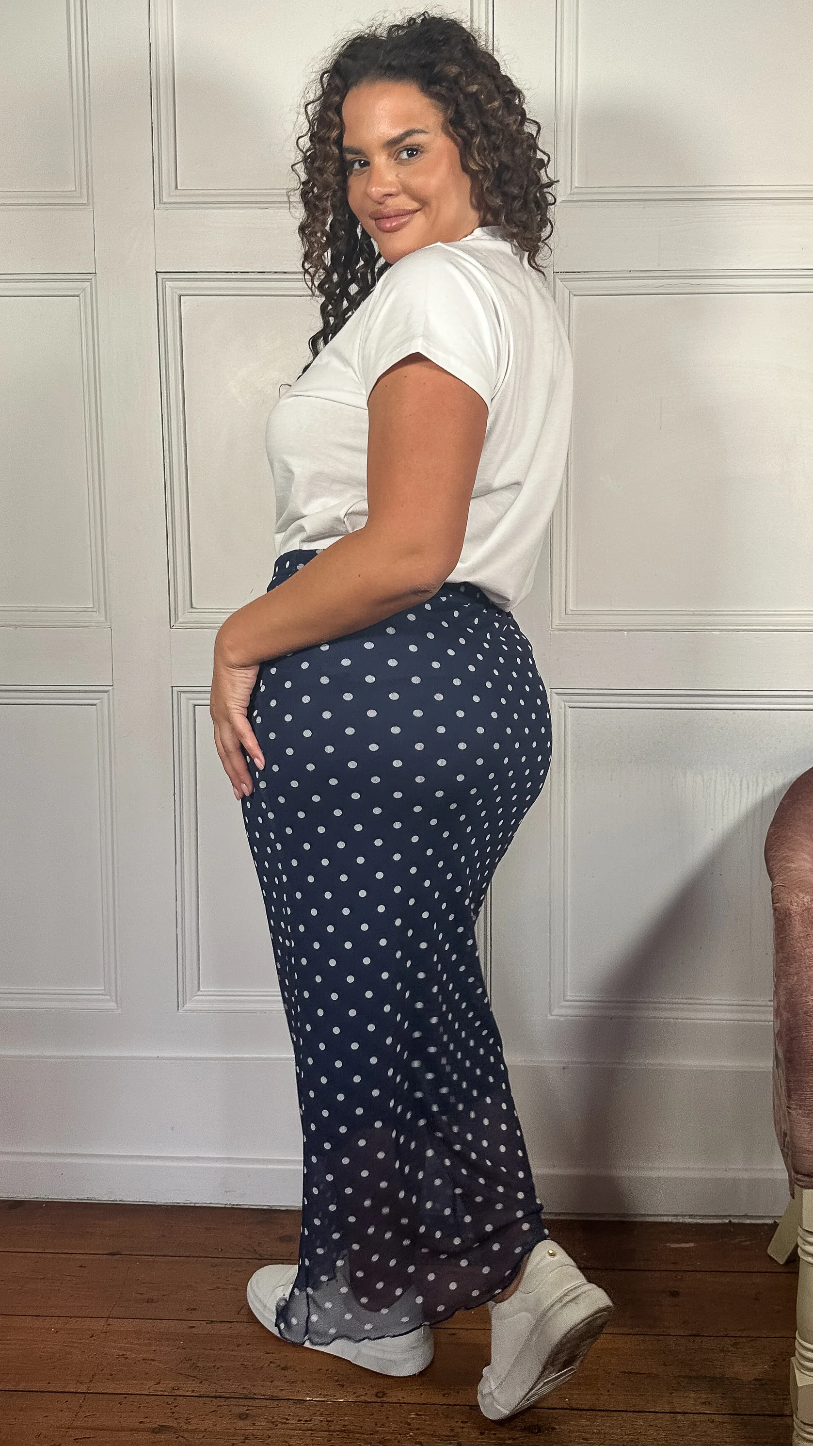 CurveWow Mesh Pencil Skirt Navy Polka - Image 5