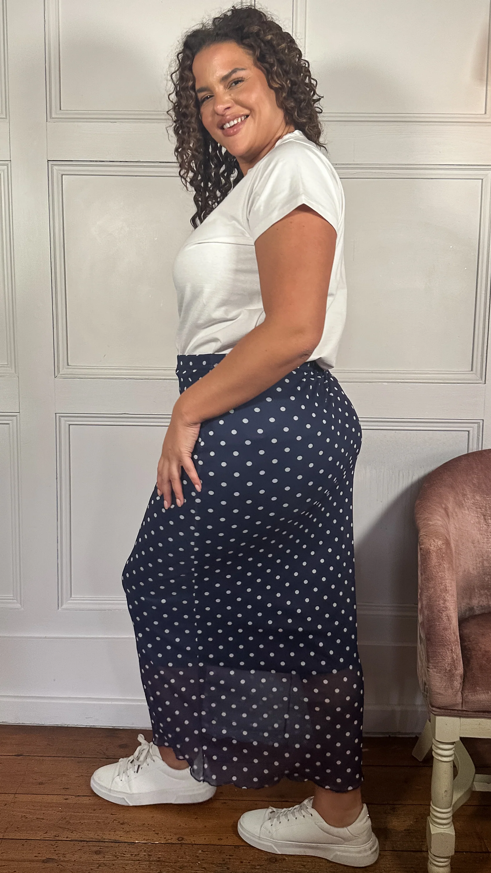 CurveWow Mesh Pencil Skirt Navy Polka - Image 6