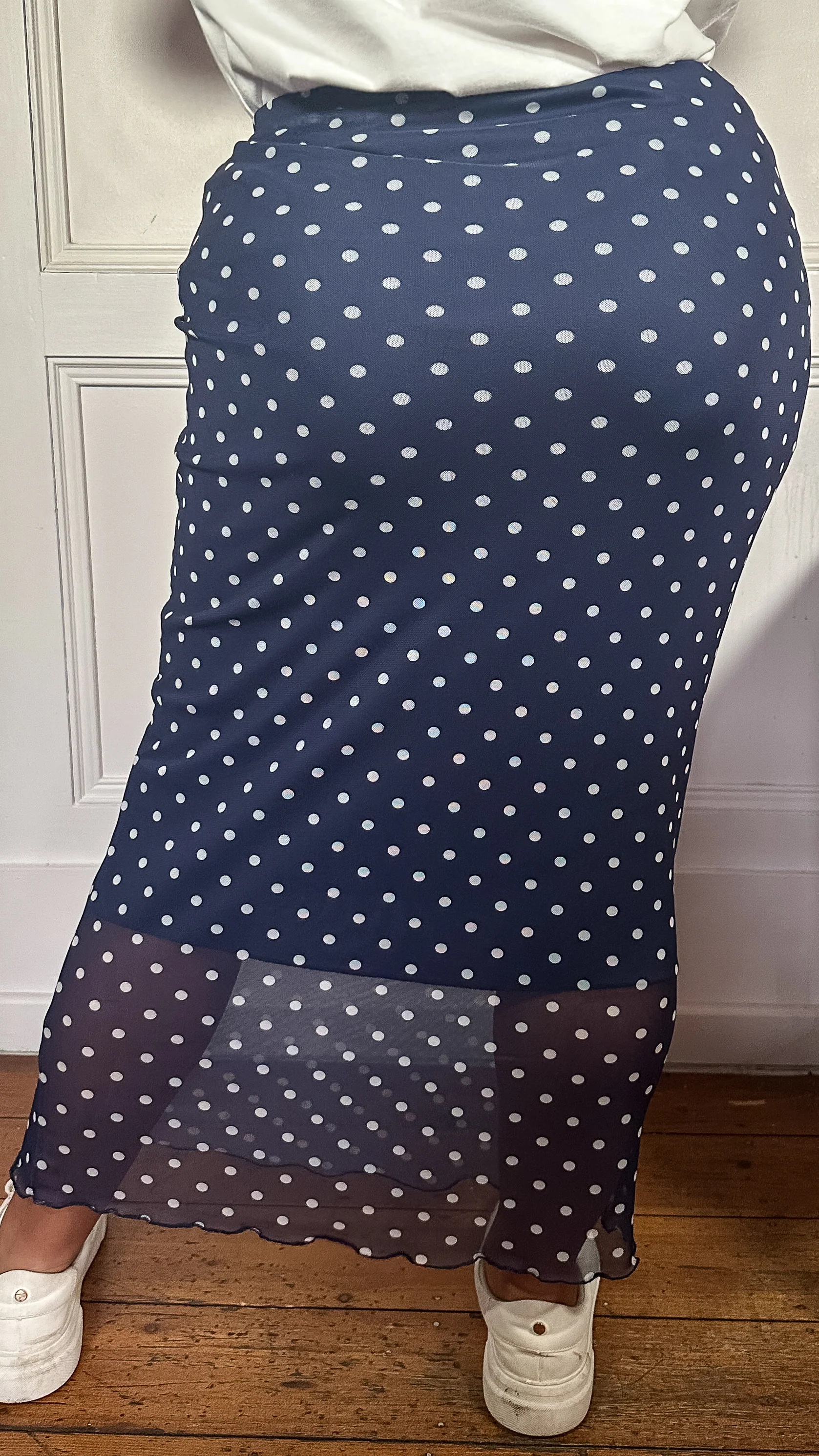 CurveWow Mesh Pencil Skirt Navy Polka - Image 7