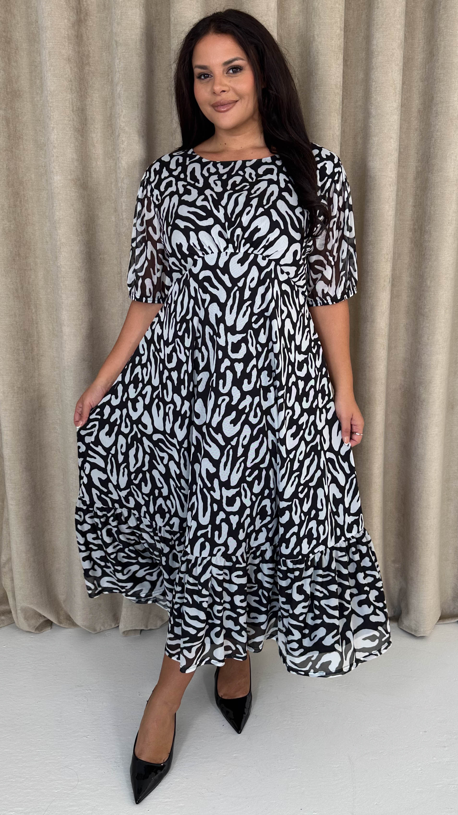 CurveWow Mesh Puff Sleeve Dress Black Leopard - Image 4