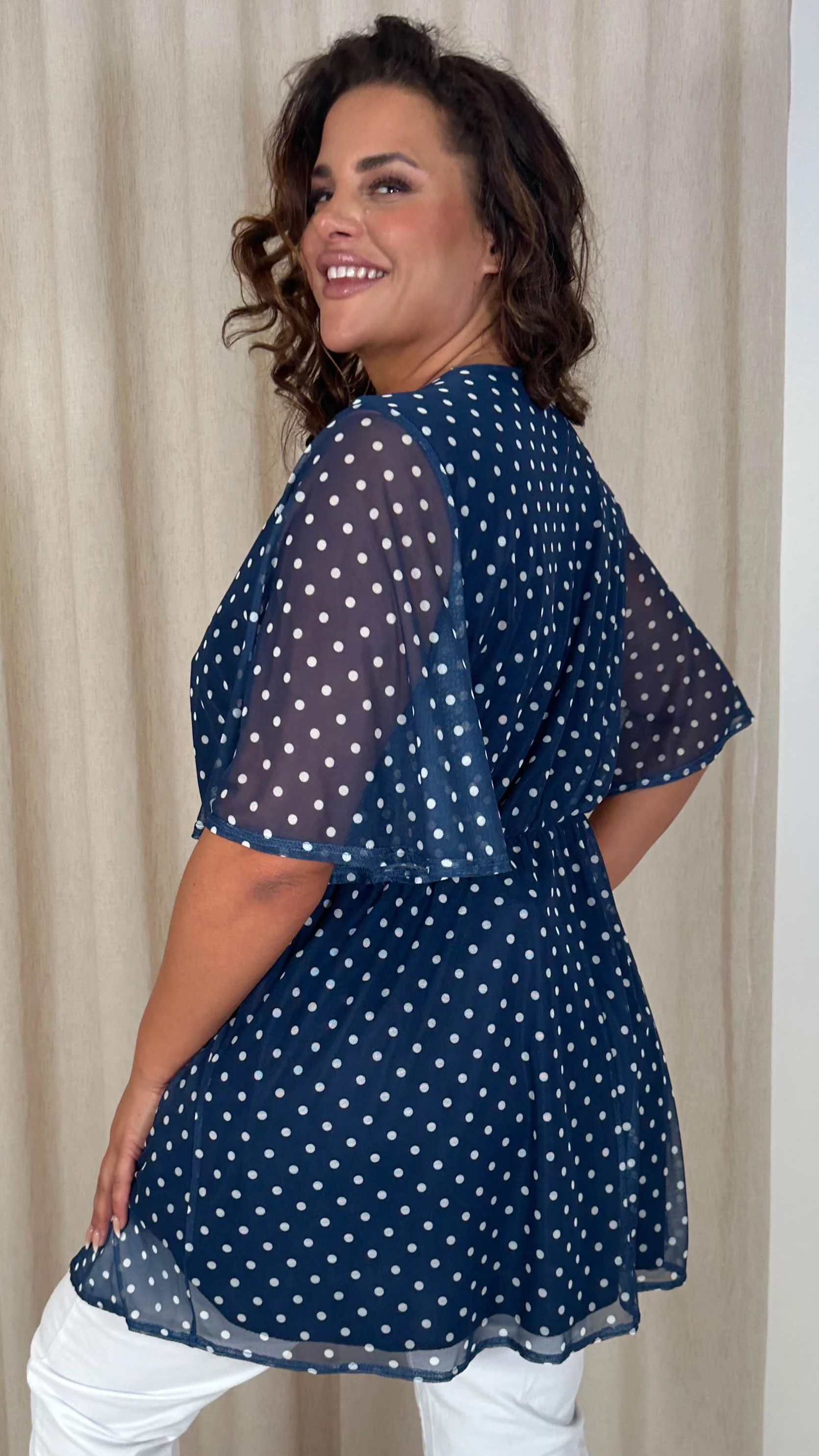 CurveWow Mesh Spot Angel Sleeve Tunic Top Navy Spot - Image 6