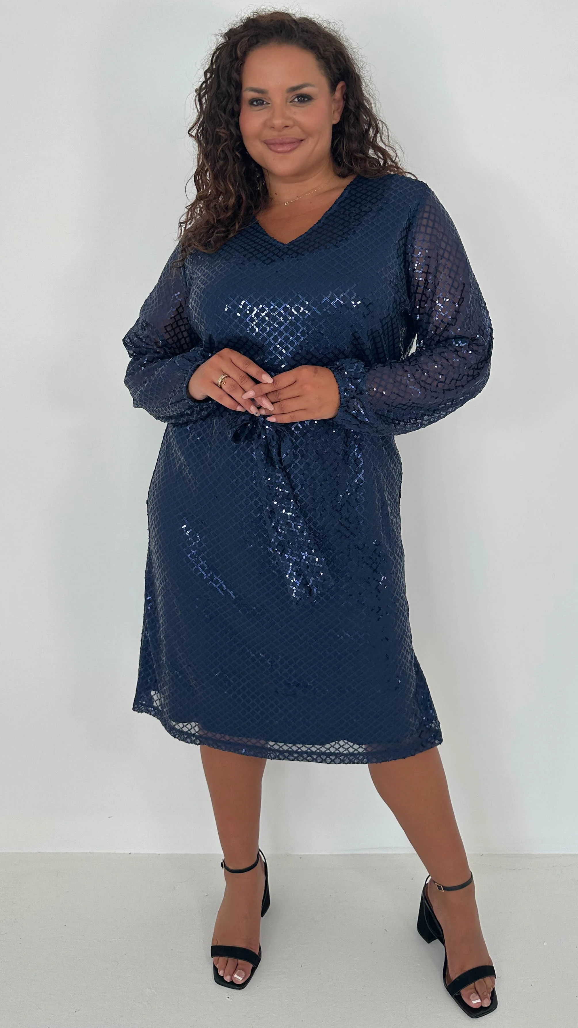 CurveWow Mid Length Cross Sequin Dress Navy - Image 5