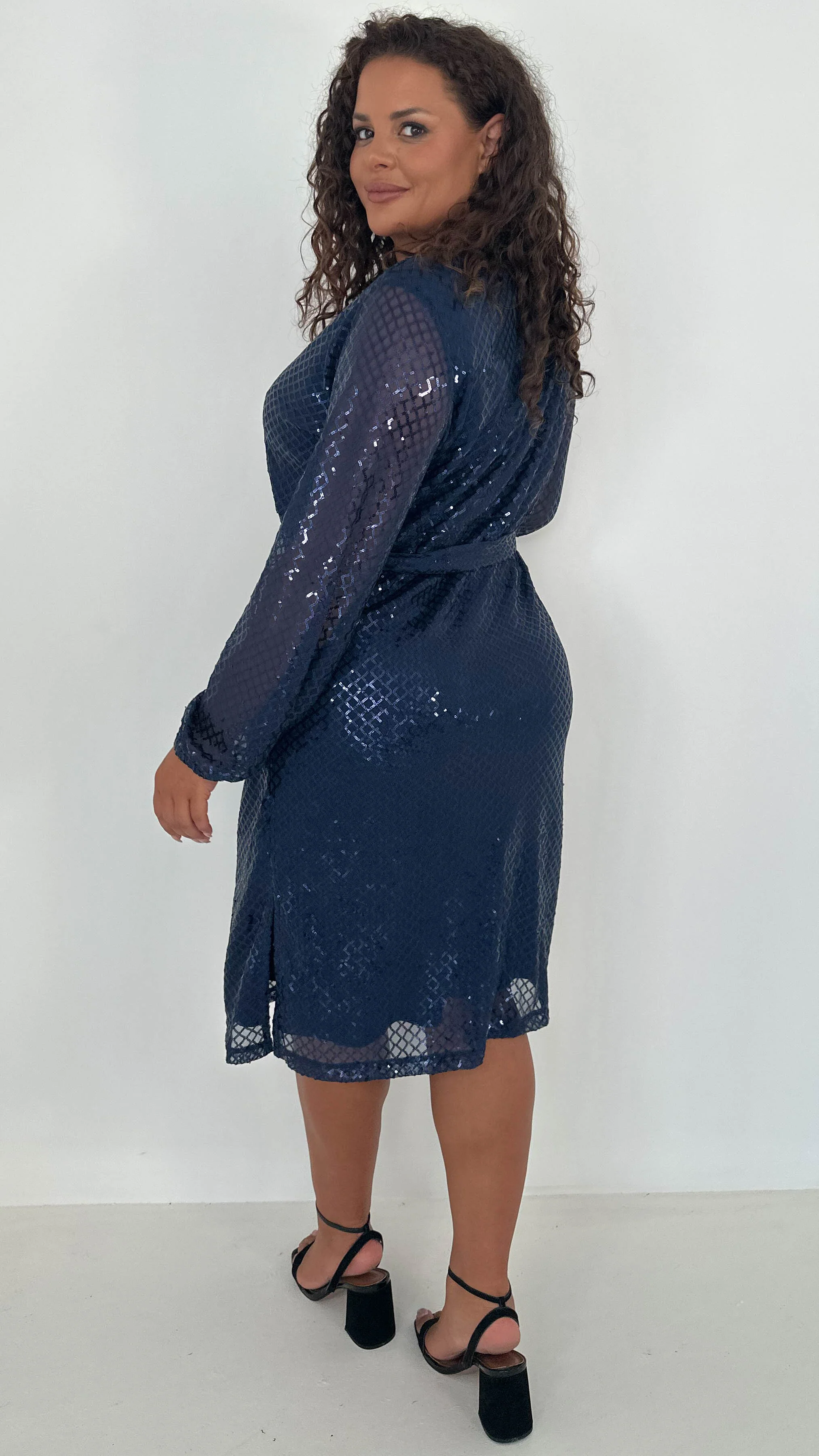 CurveWow Mid Length Cross Sequin Dress Navy - Image 8