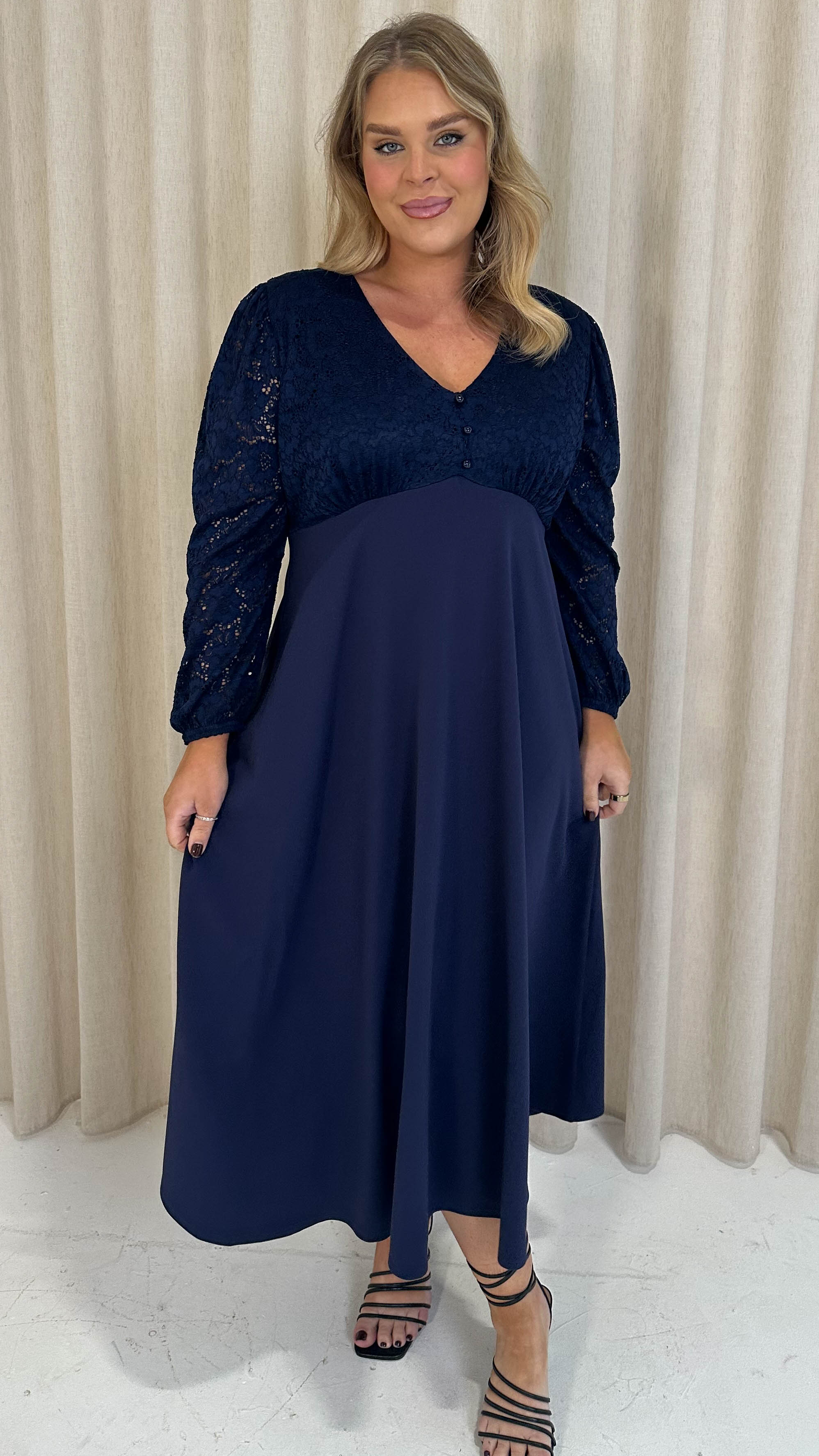 CurveWow Midaxi Lace Bodice Dress Navy - Image 5