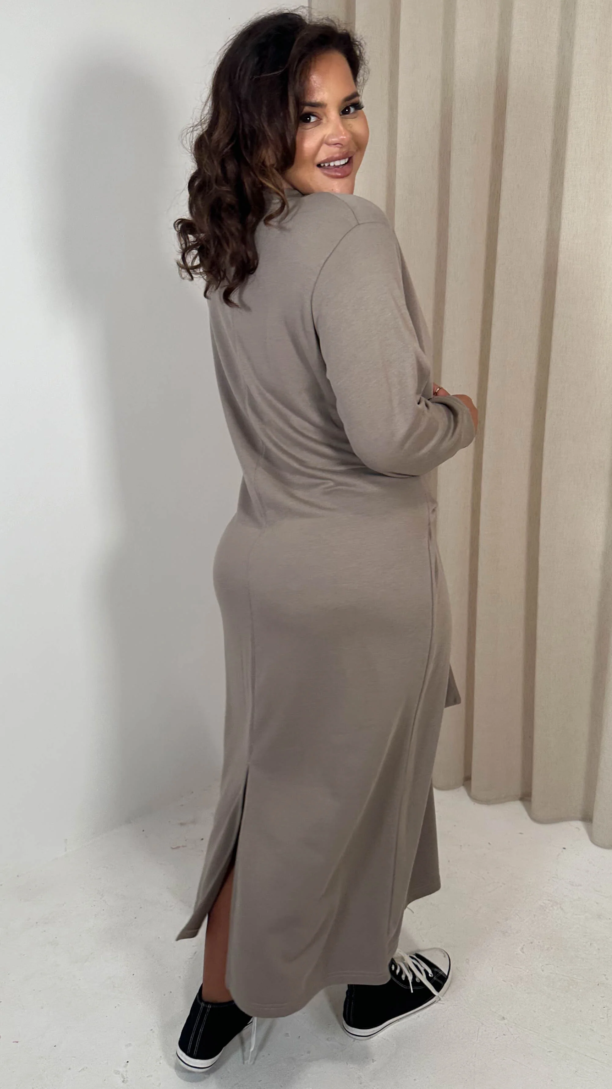 CurveWow Midi Jumper Dress With Tie Waist Beige - Image 7