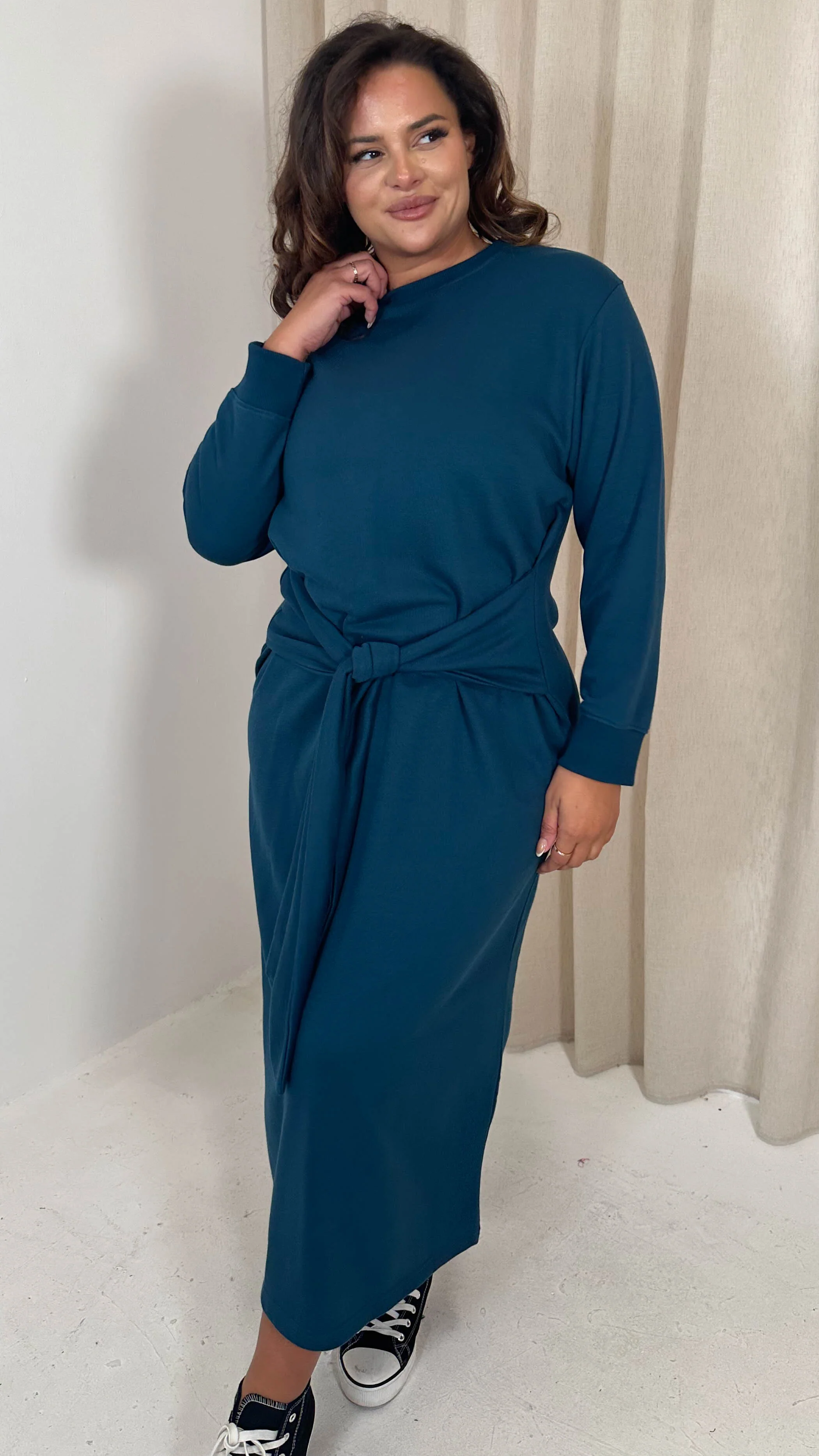 CurveWow Midi Jumper Dress With Tie Waist Dark Teal - Image 4