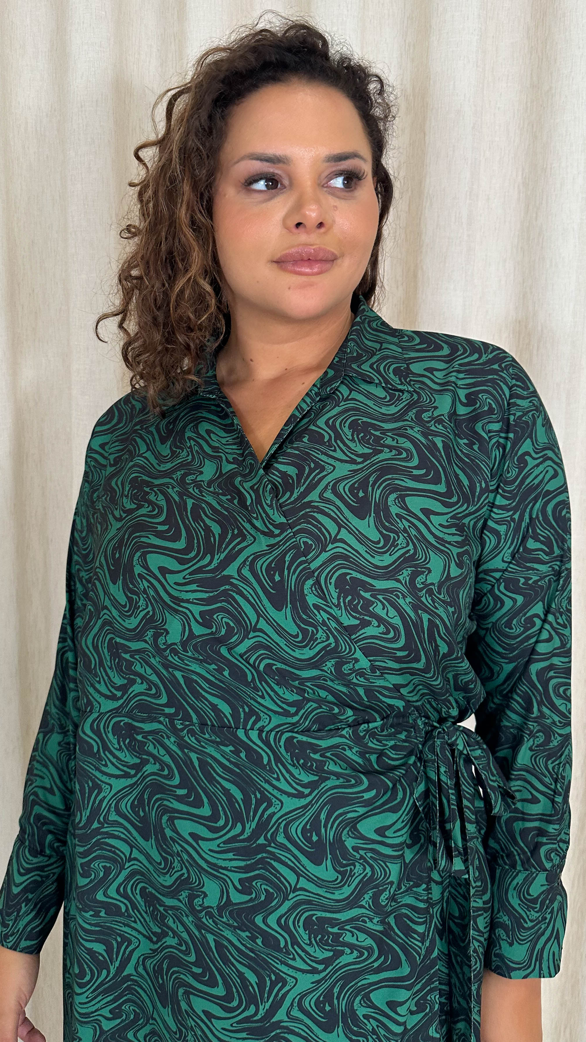 CurveWow Midi Wrap Shirt Dress Black & Green Swirl - Image 2