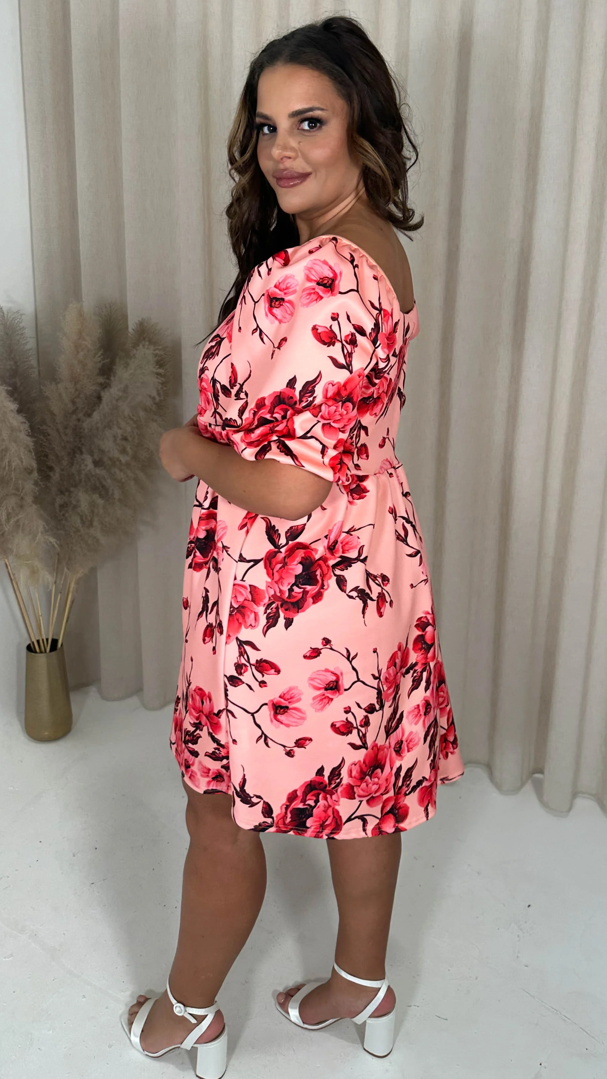 CurveWow Milkmaid Mini Dress Peach Floral - Image 8