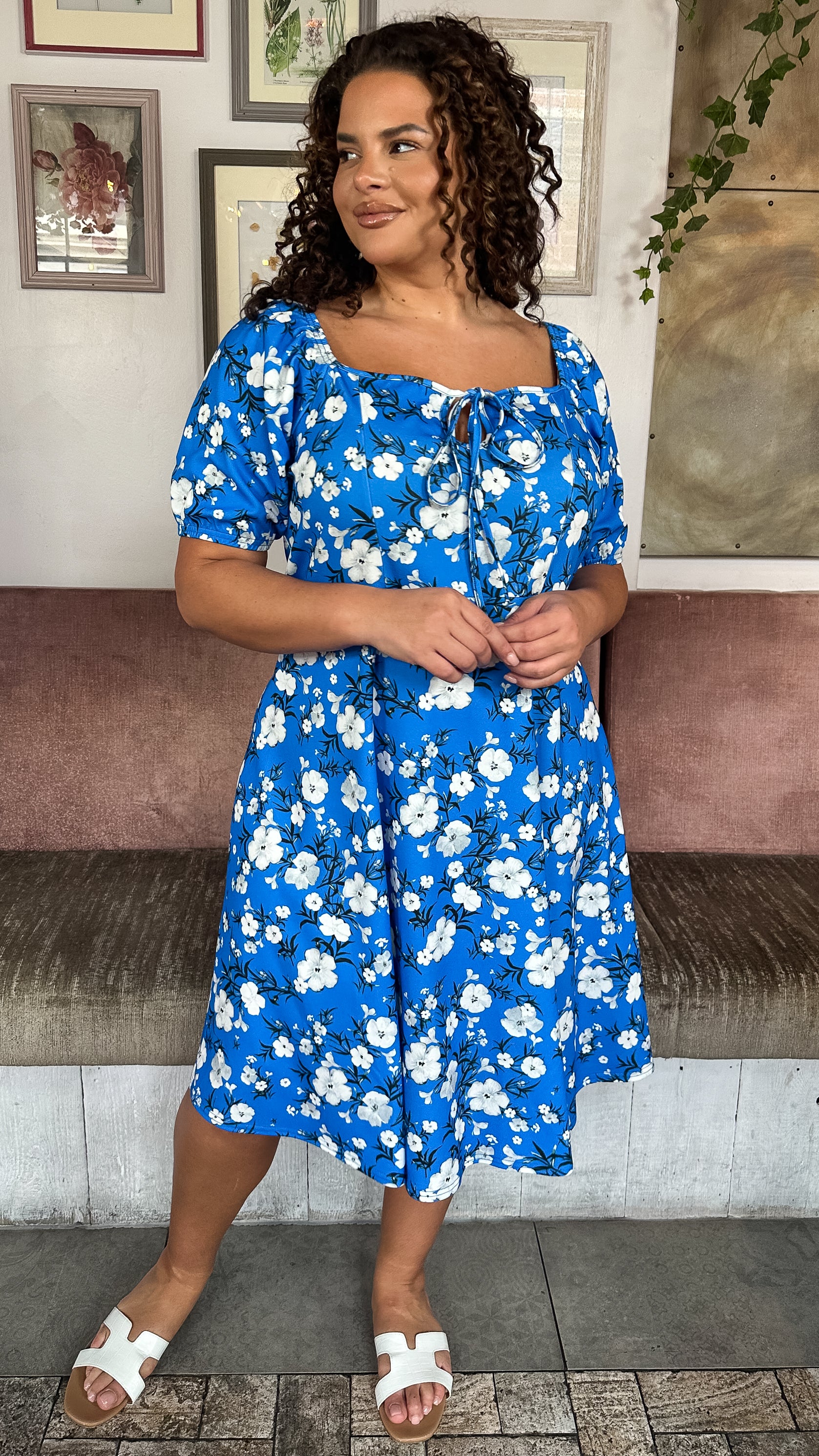 CurveWow Milkmaid Midi Dress Blue Floral