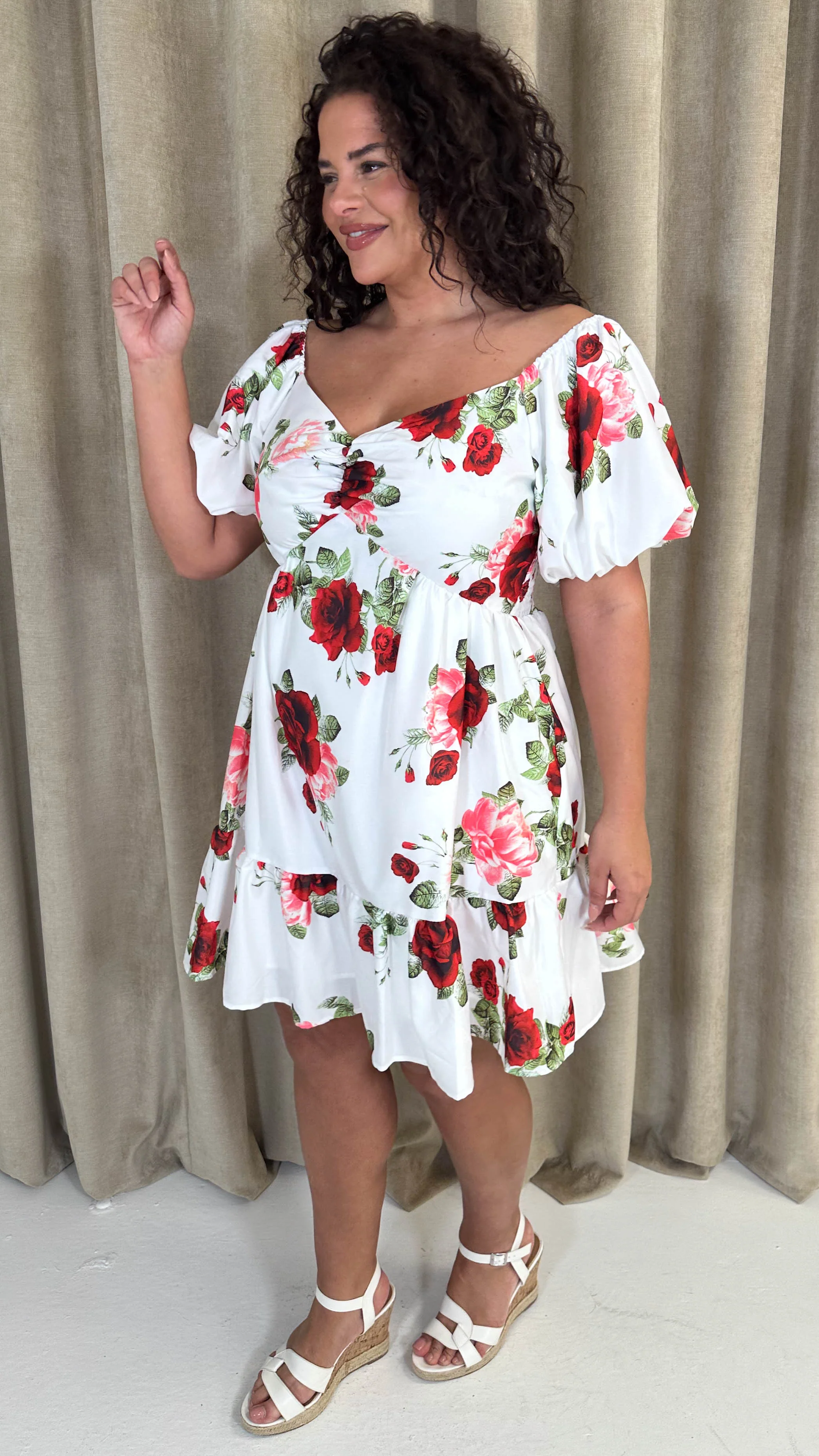CurveWow Milkmaid Mini Dress Red & Pink - Image 4