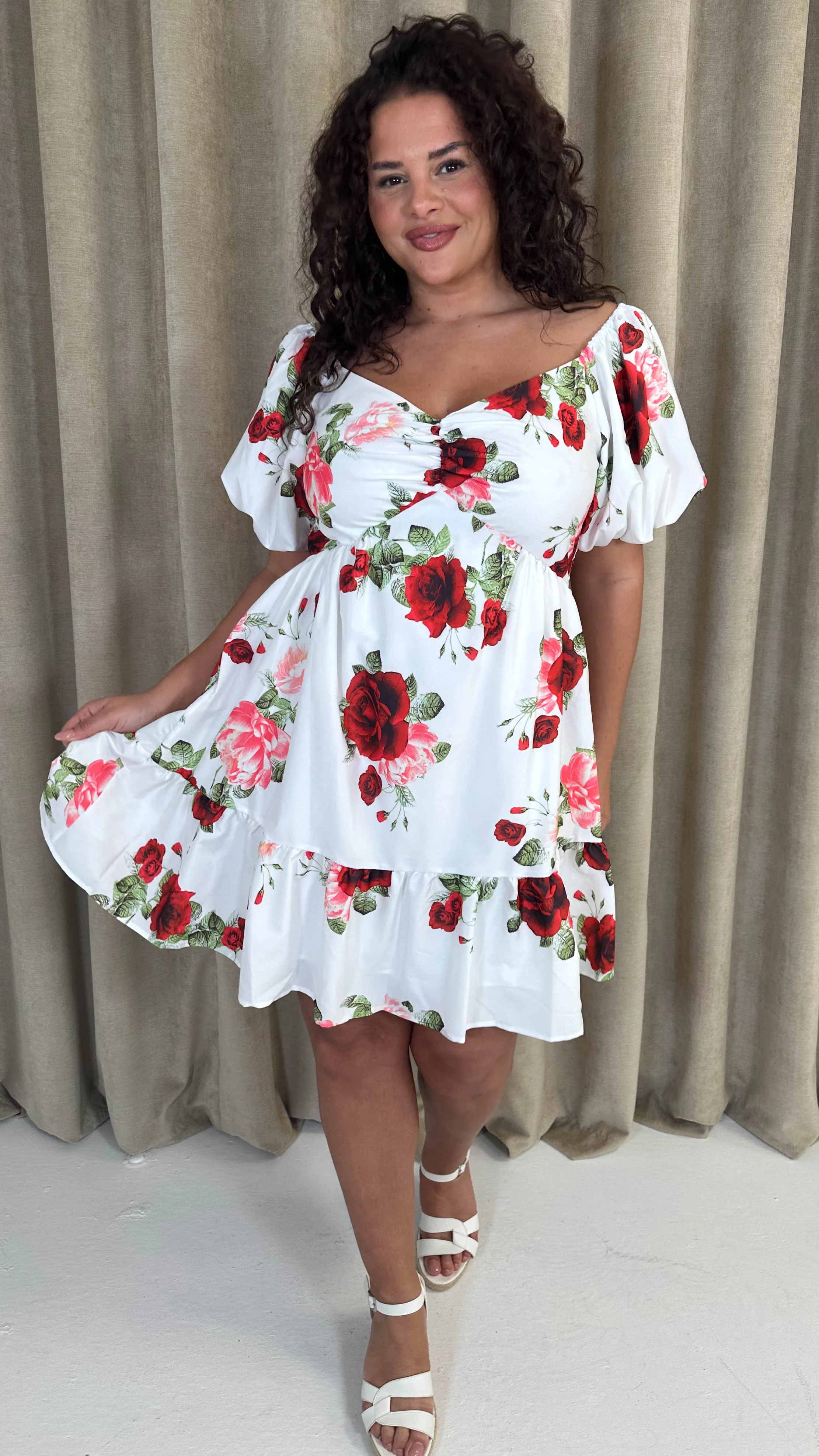 CurveWow Milkmaid Mini Dress Red & Pink - Image 5