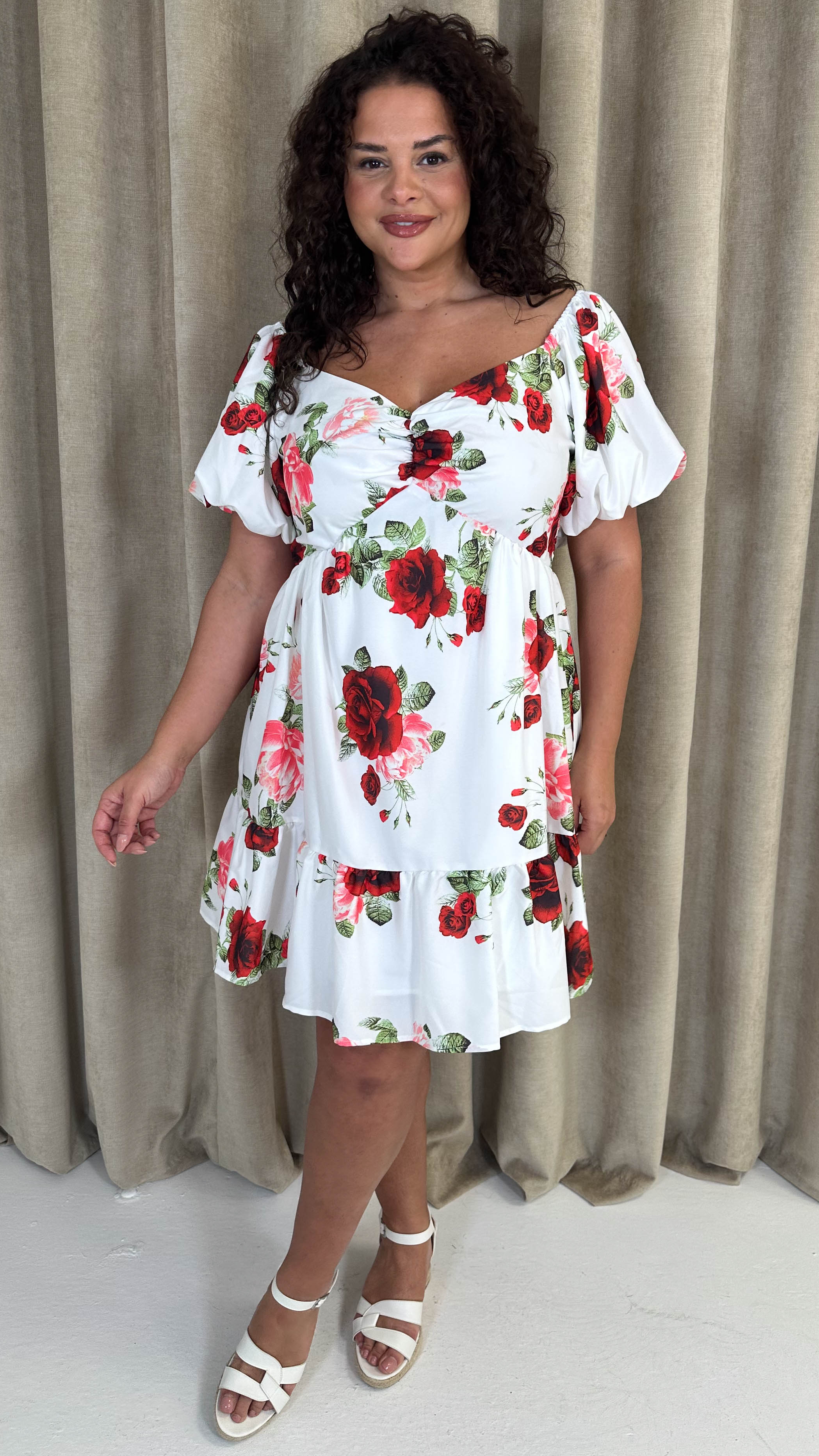 CurveWow Milkmaid Mini Dress Red & Pink - Image 6