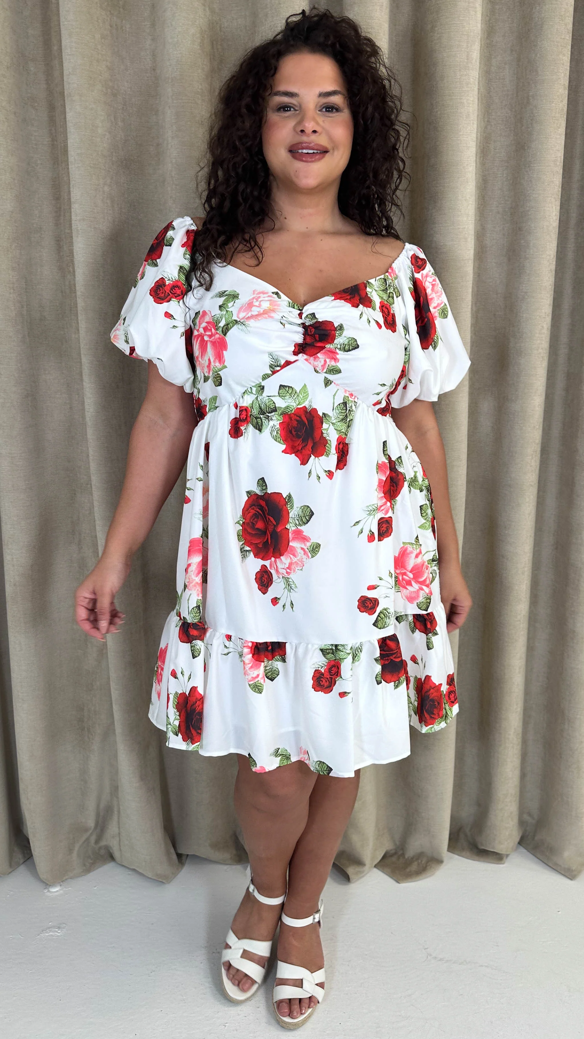 CurveWow Milkmaid Mini Dress Red & Pink - Image 7