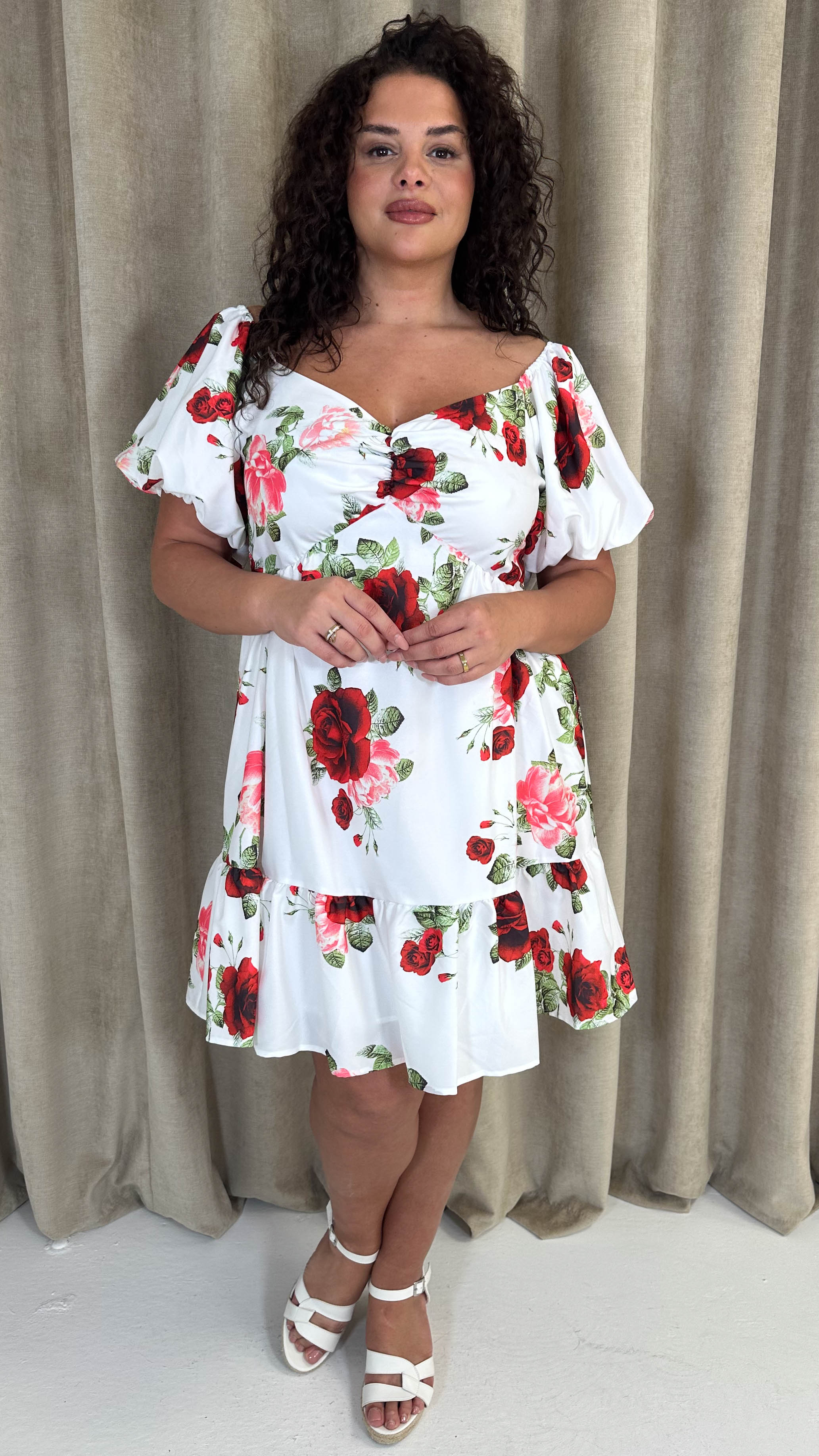 CurveWow Milkmaid Mini Dress Red & Pink - Image 8