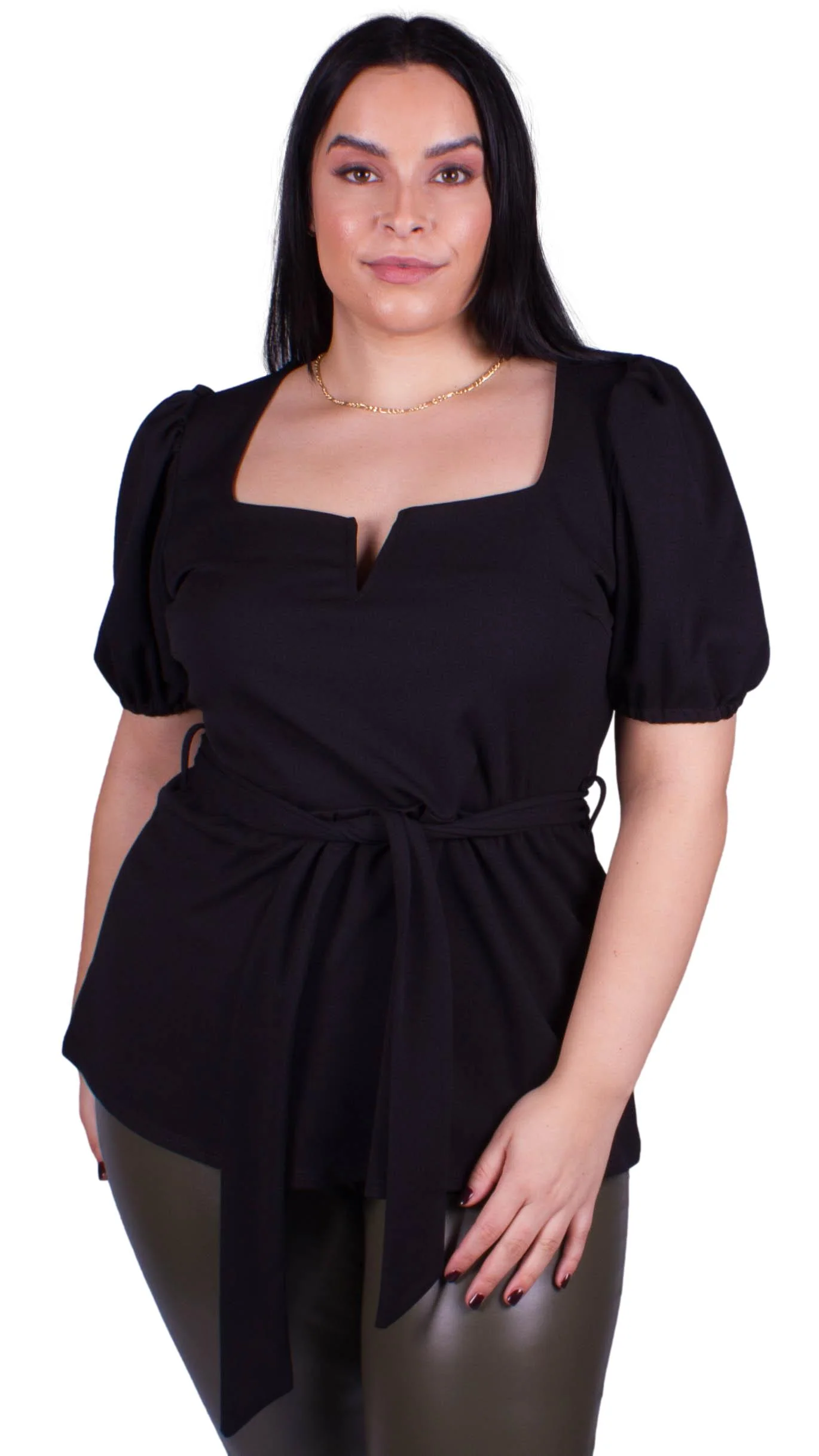 CurveWow Notch Neck Peplum Top Black - Image 2