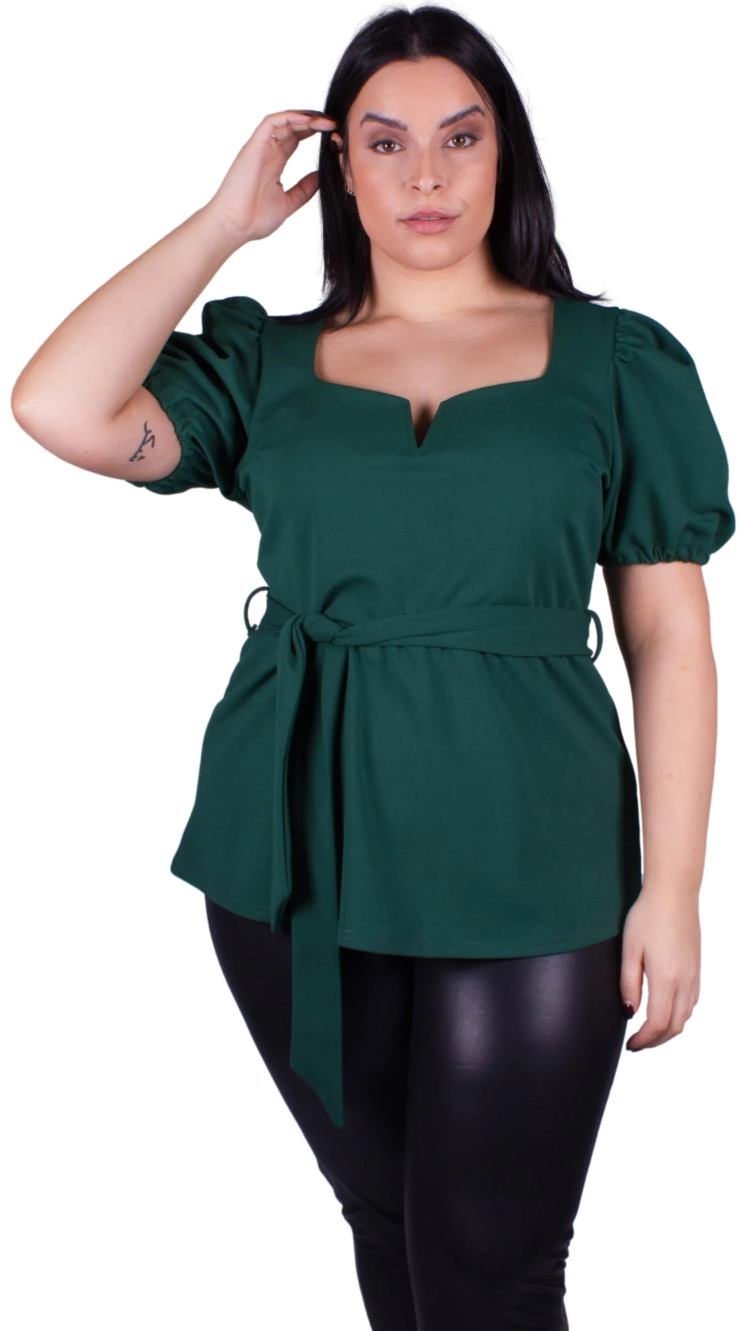 CurveWow Notch Neck Peplum Top Green - Image 2