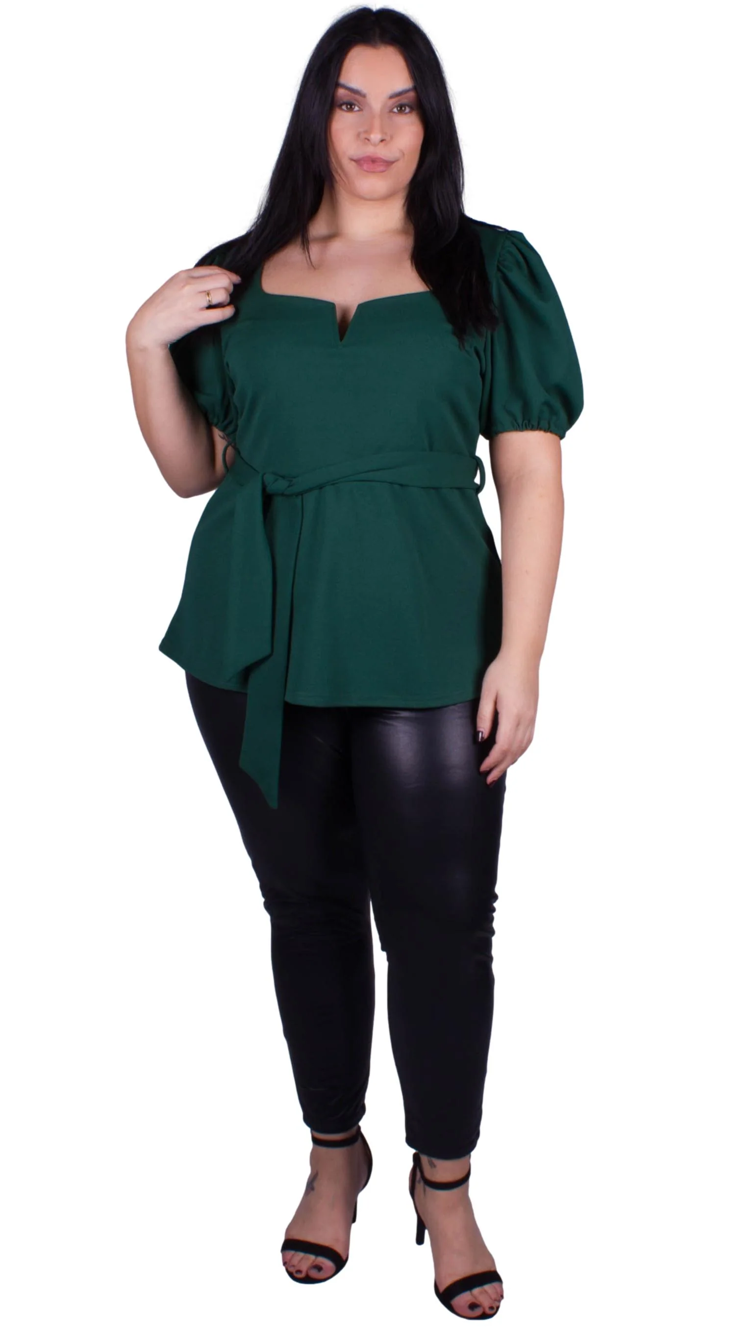 CurveWow Notch Neck Peplum Top Green - Image 7