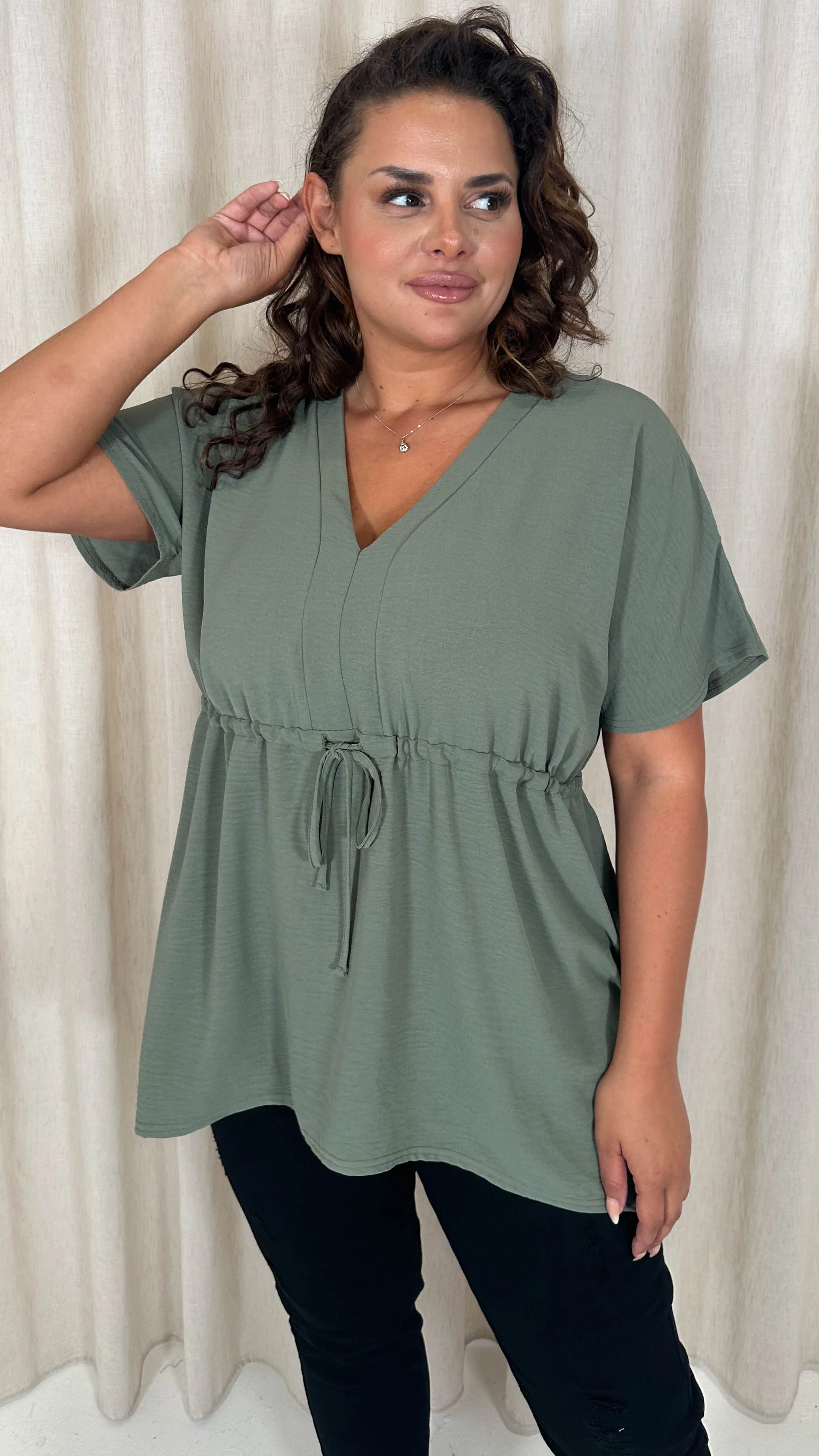 CurveWow Ocean Crepe Peplum Top Sage - Image 10