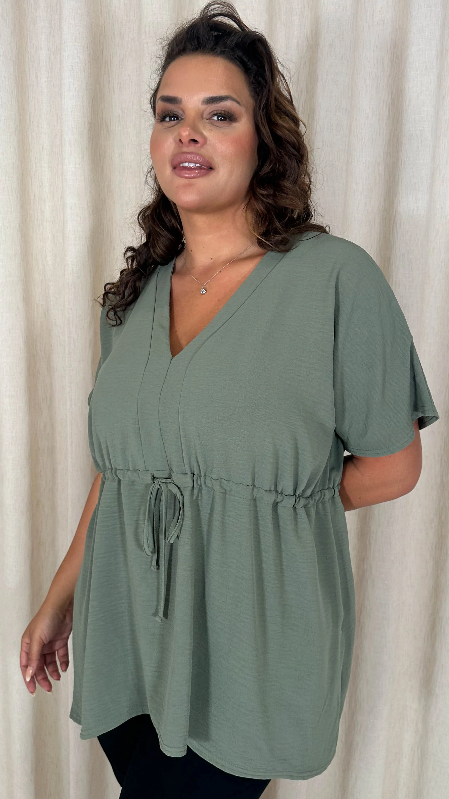 CurveWow Ocean Crepe Peplum Top Sage - Image 12
