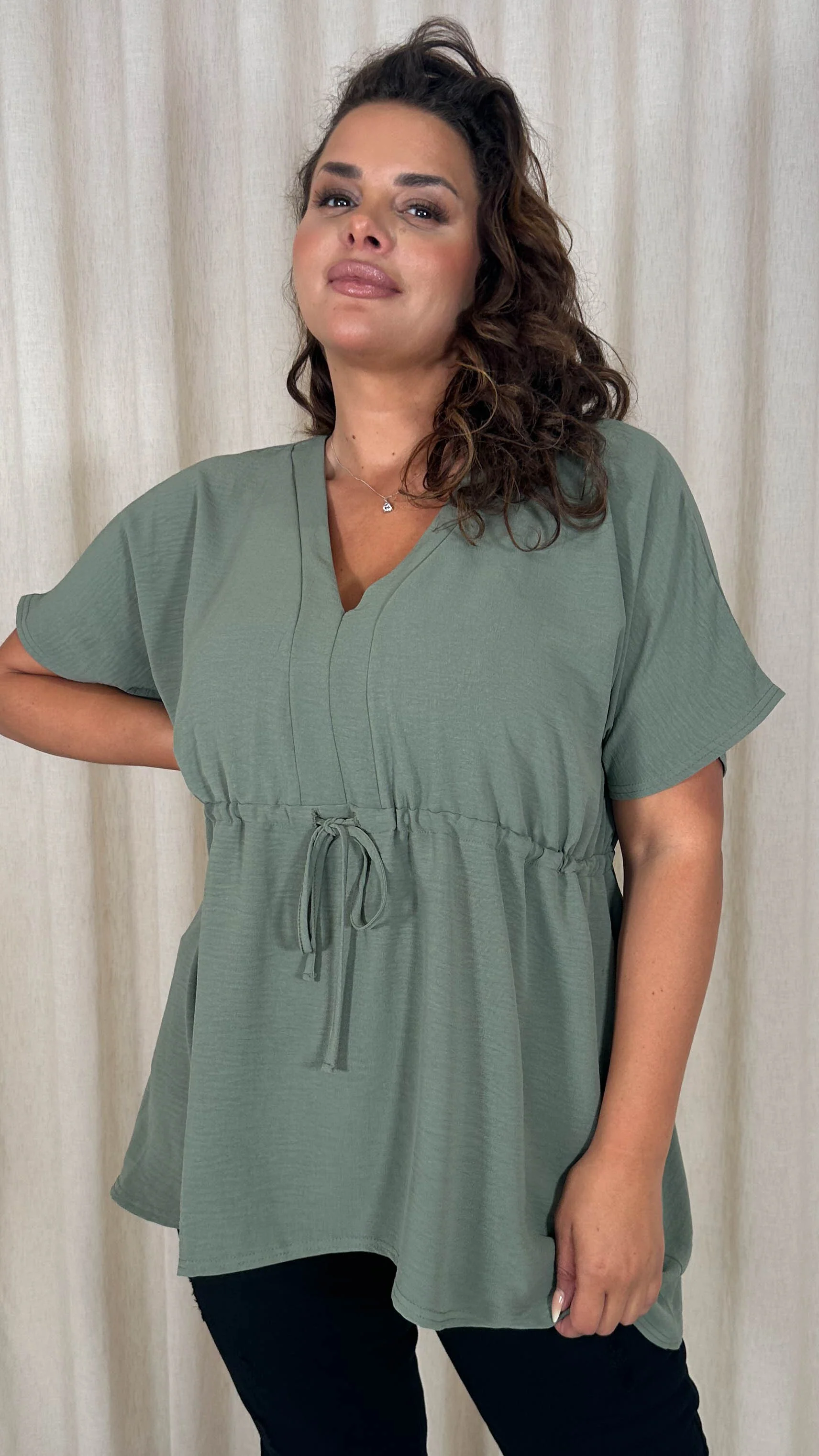 CurveWow Ocean Crepe Peplum Top Sage - Image 13