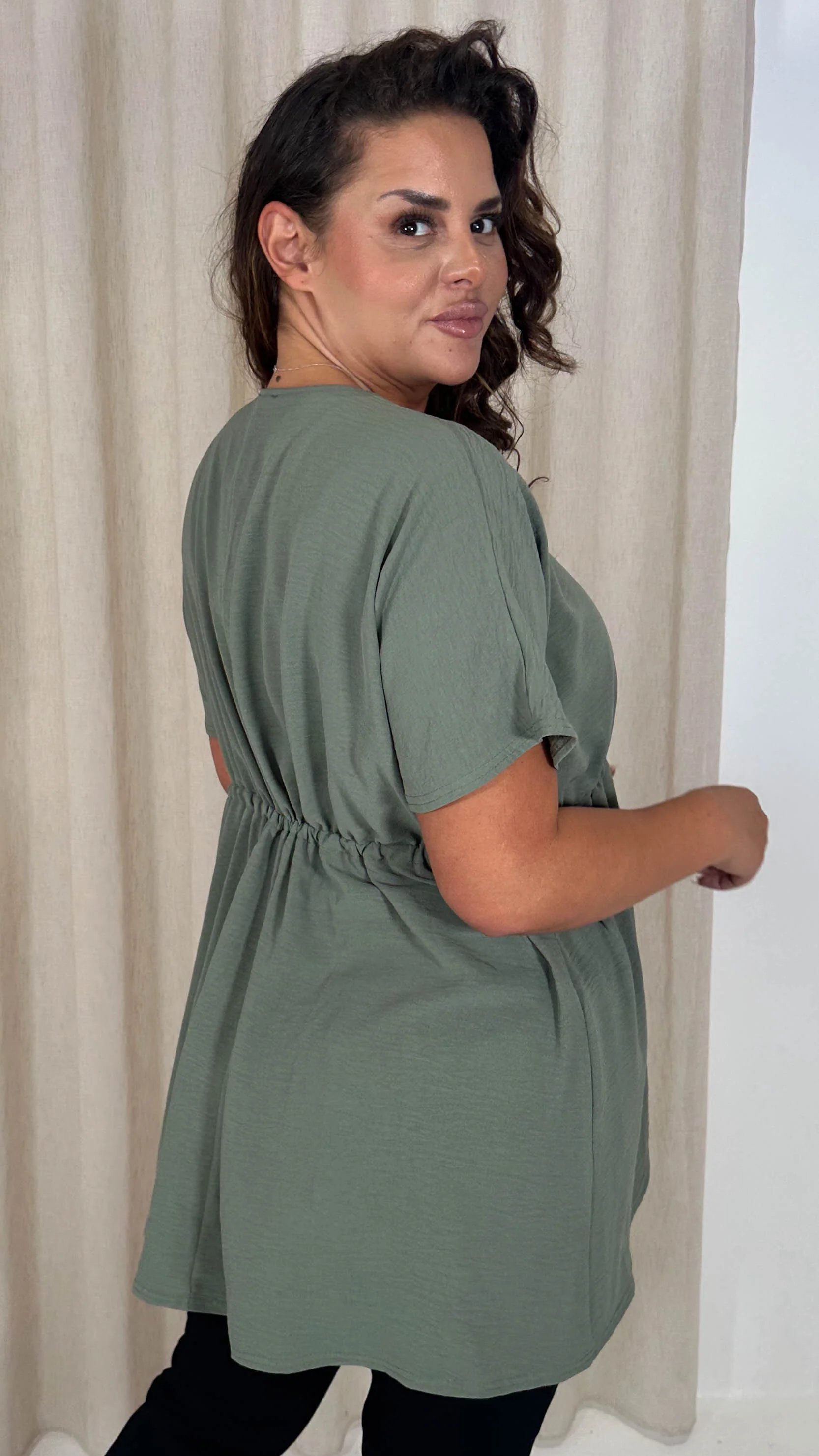 CurveWow Ocean Crepe Peplum Top Sage - Image 14