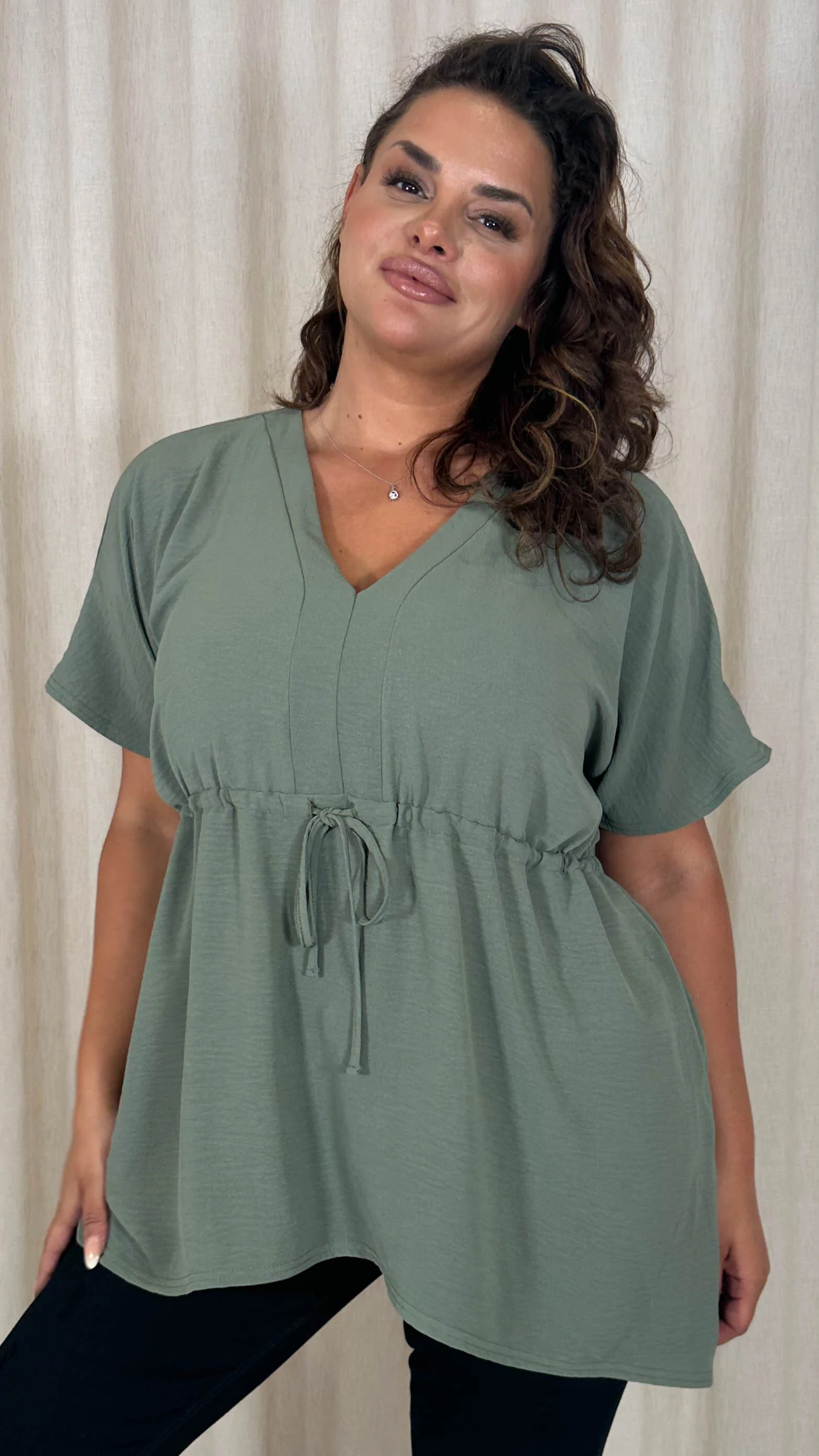 CurveWow Ocean Crepe Peplum Top Sage - Image 4